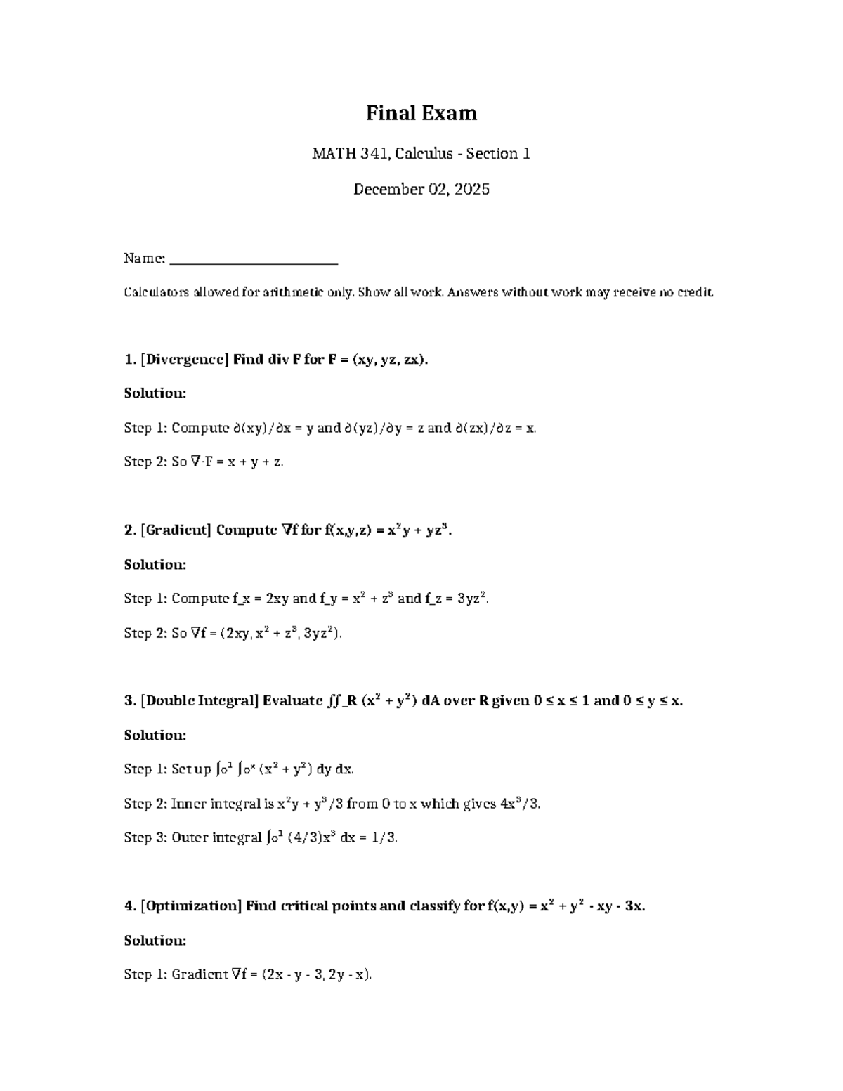 Final Exam Solutions for MATH 341, Calculus Section 1 - Studocu
