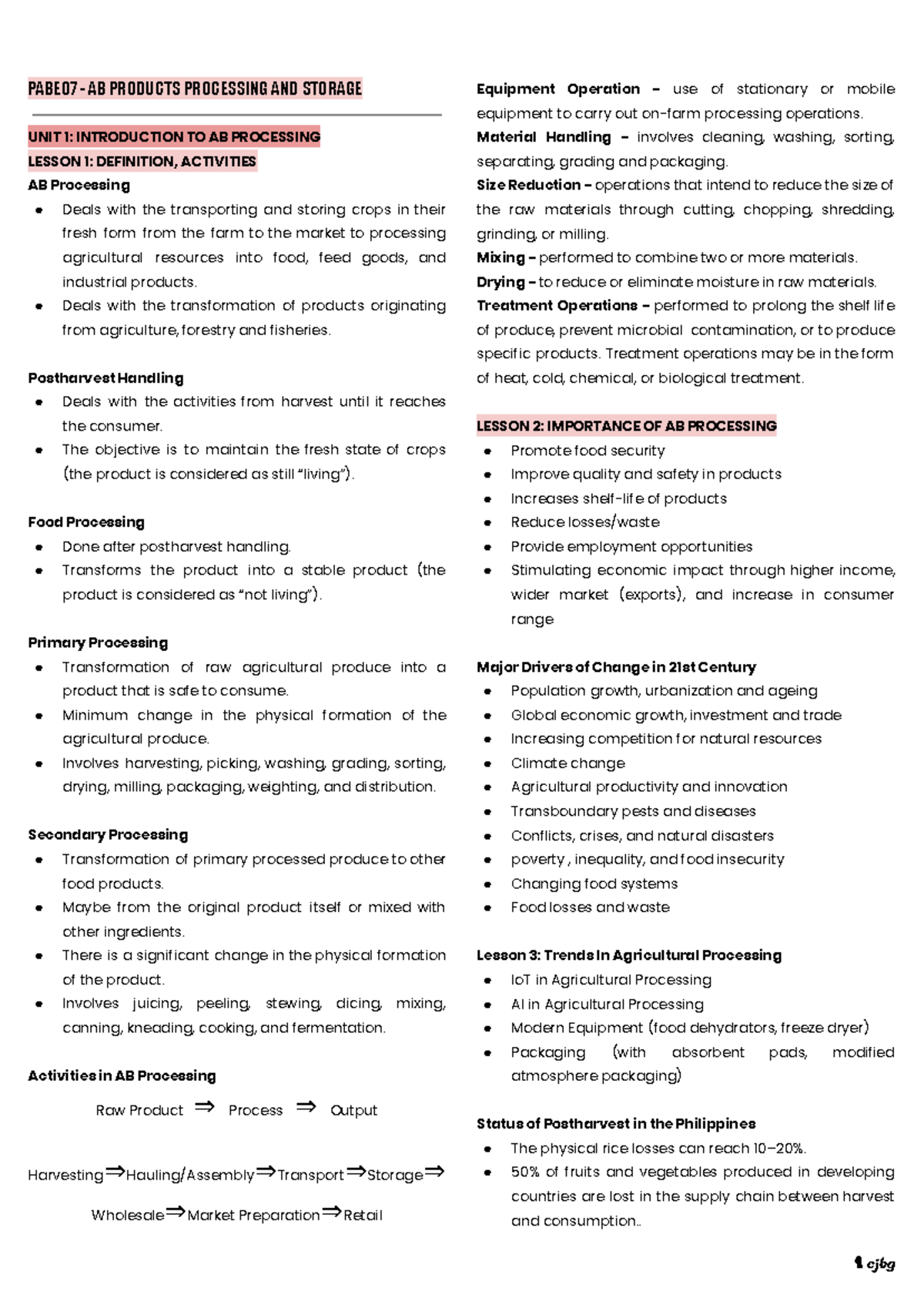 PABE07 - AB Products Processing & Storage Midterm Review Notes - Studocu