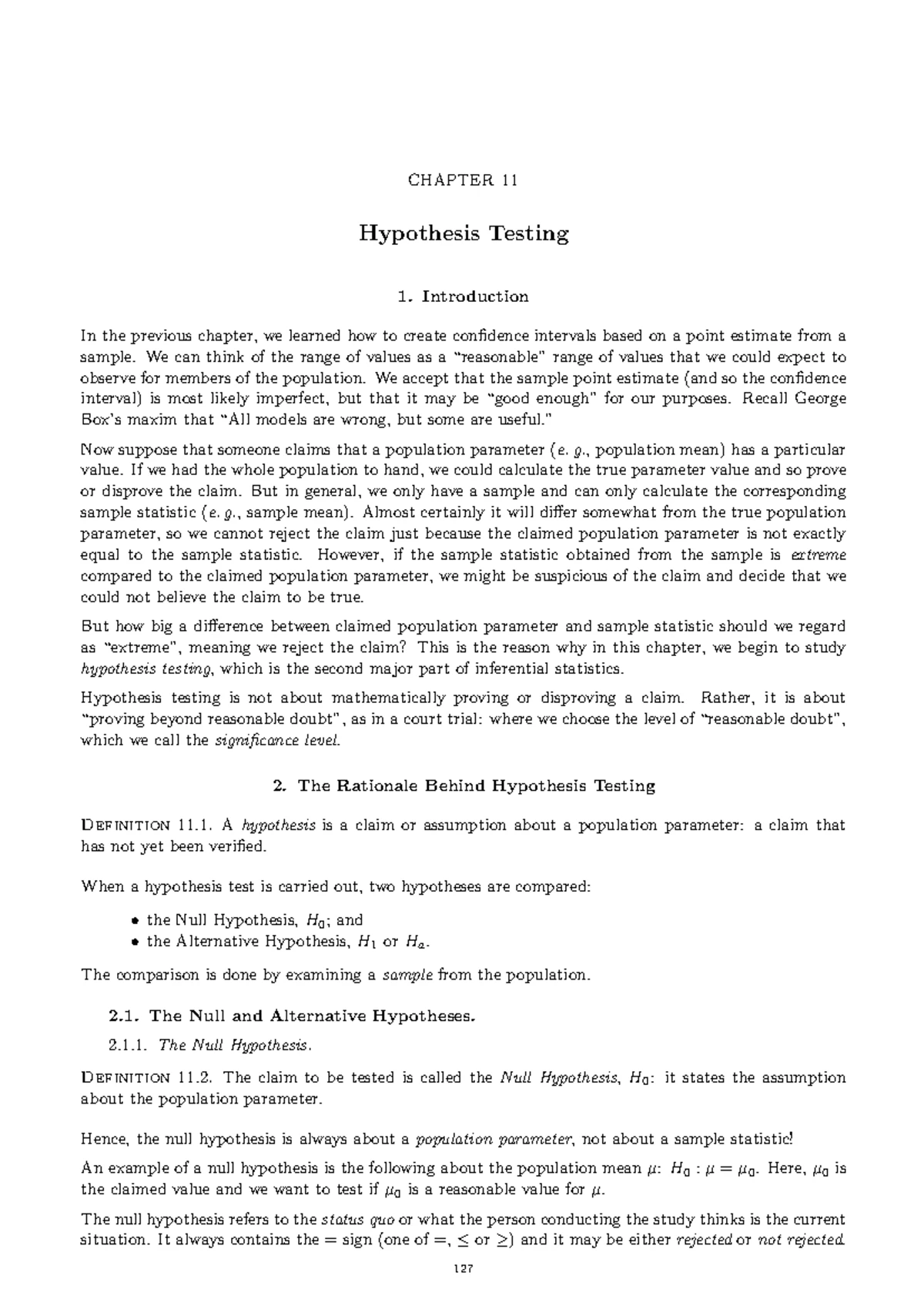 Ch11-Hypothesis Testing - CHAPTER 11 Hypothesis Testing Introduction In ...