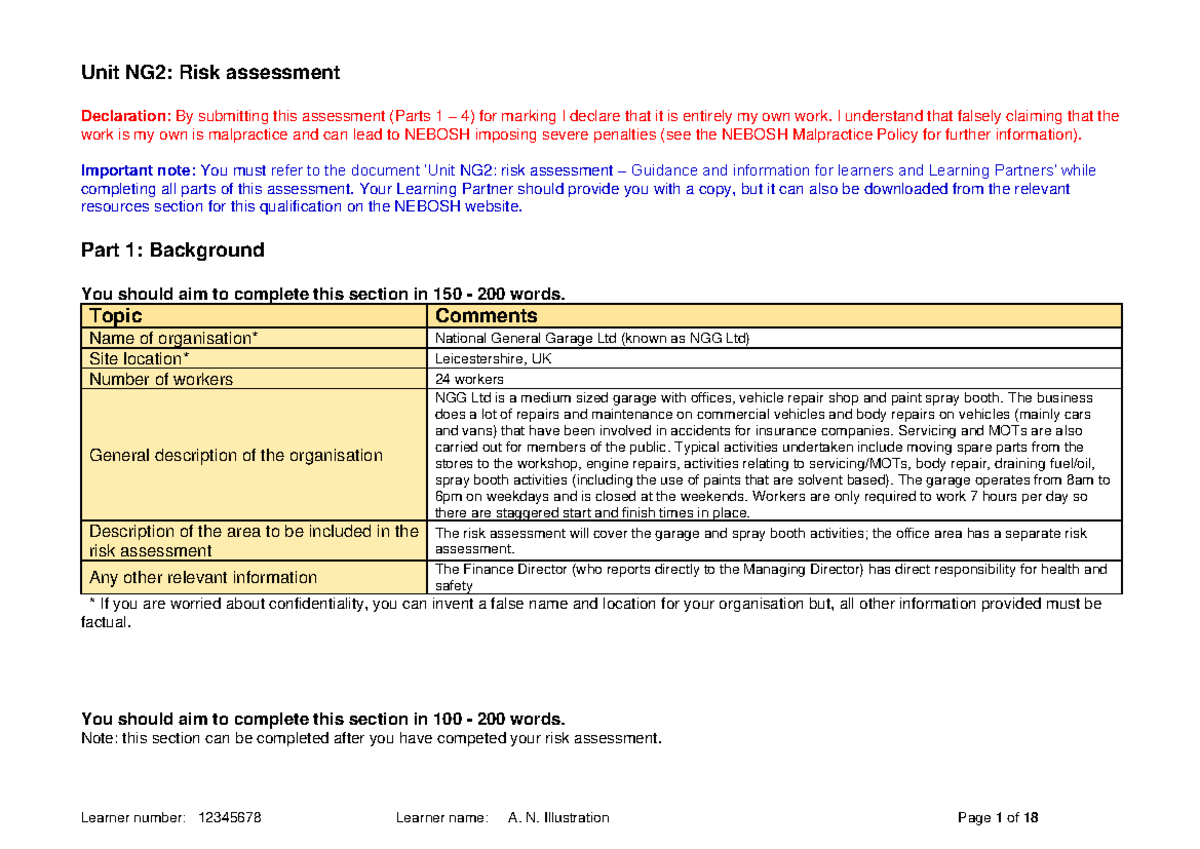 Unit NG2: Comprehensive Risk Assessment for NGG Ltd Garage Operations ...