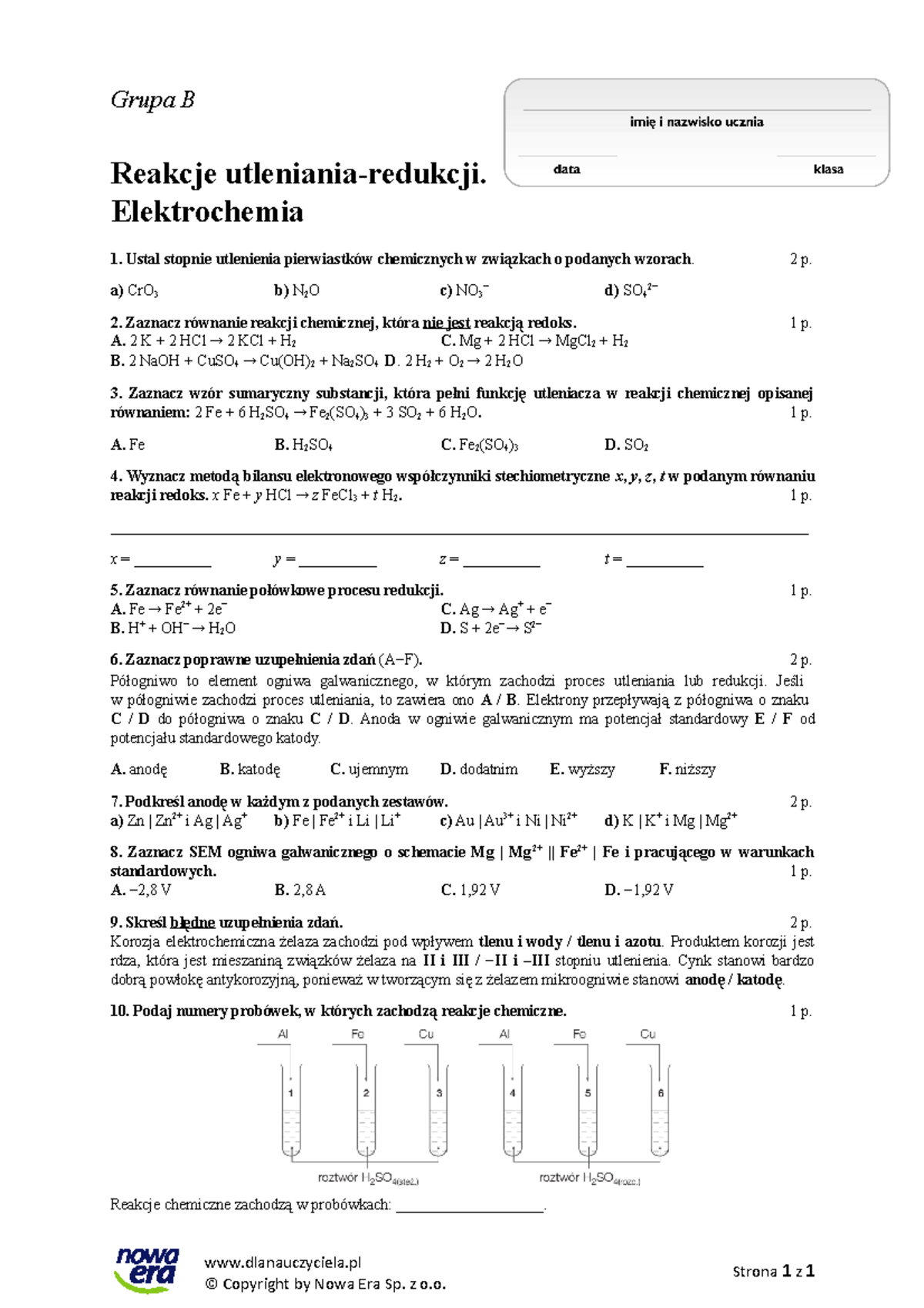 Reakcje Utleniania i Redukcji - Sprawdzian 4 - Elektrochemia 3 - Studocu