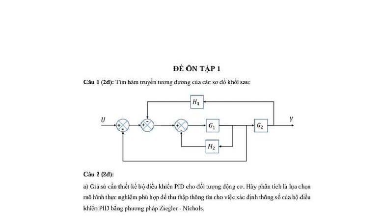 DE ÔN TẬP 1: Phân Tích và Thiết Kế Bô Điều Khiển PID - Studocu