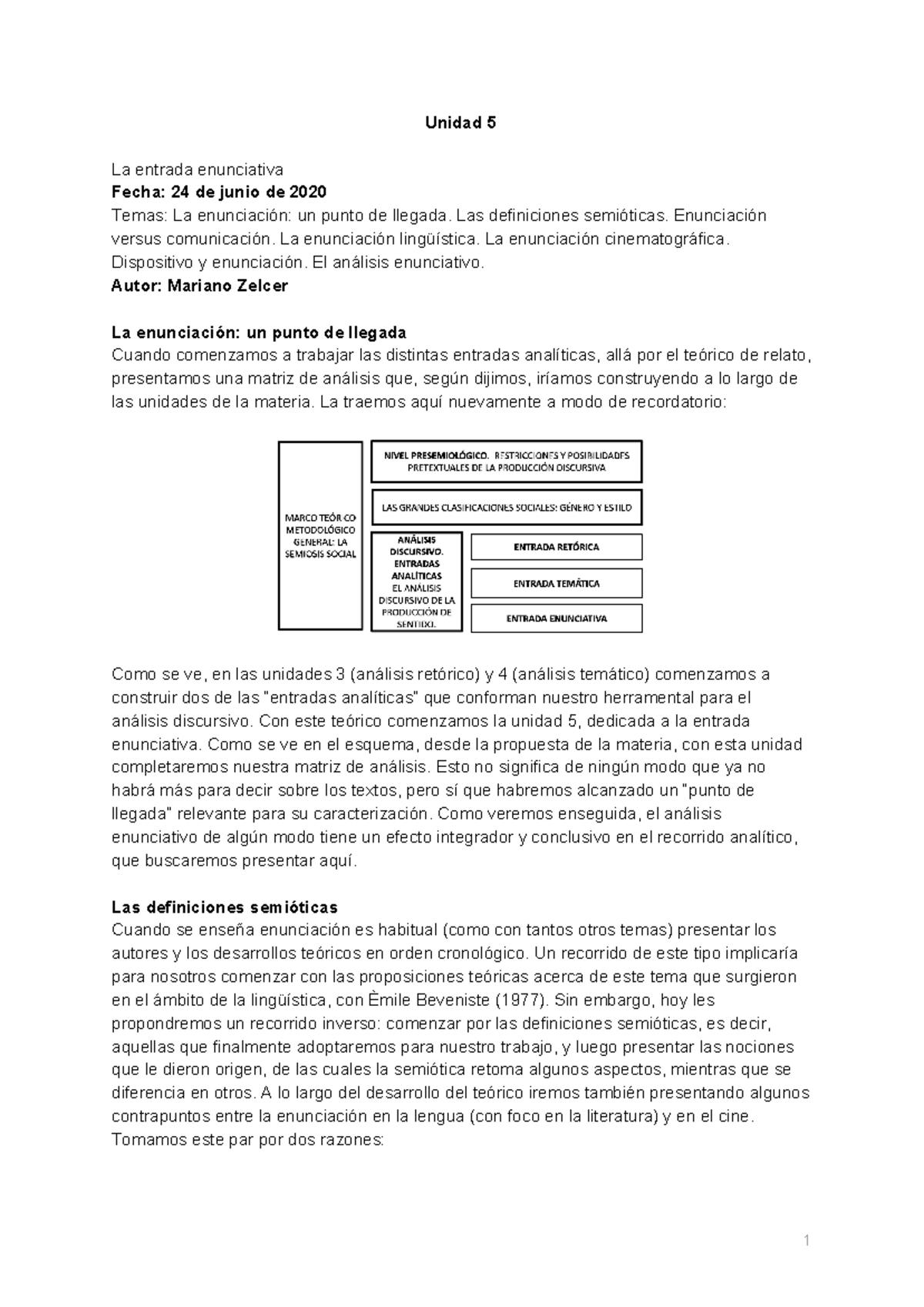 Apuntes U5 Semiótica General - Unidad 5 La entrada enunciativa Fecha ...