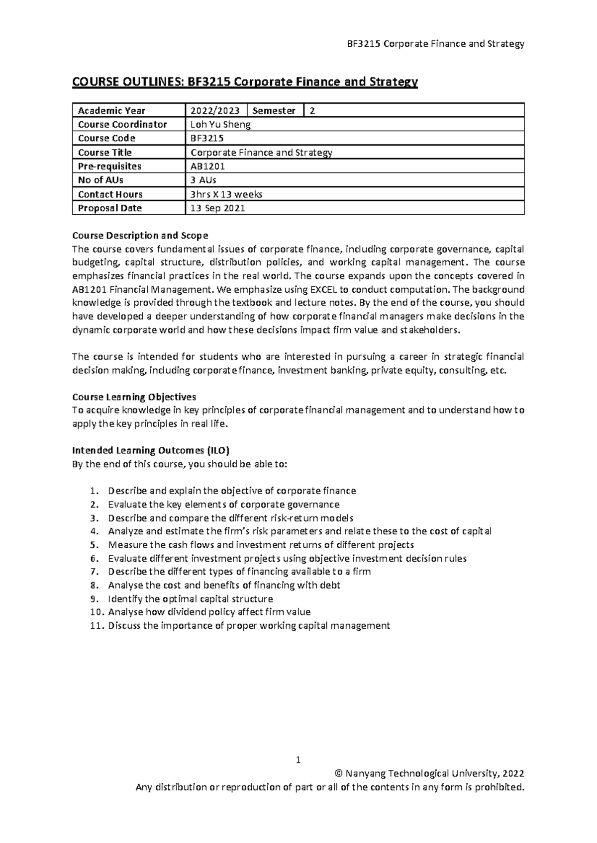 BF3215 Corporate Finance and Strategy Course Outline & Learning Guide ...