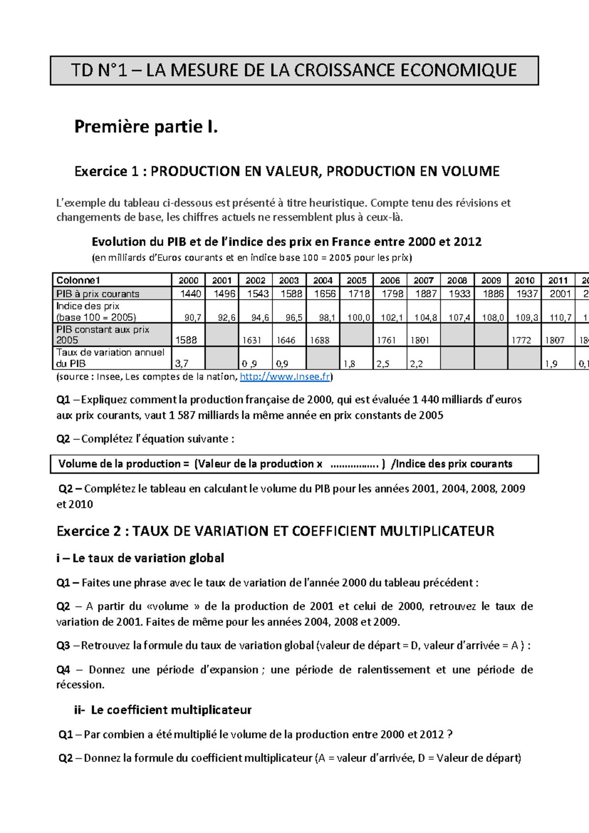 TD N°1 - La Mesure de la Croissance Économique et ses Exercices - Studocu