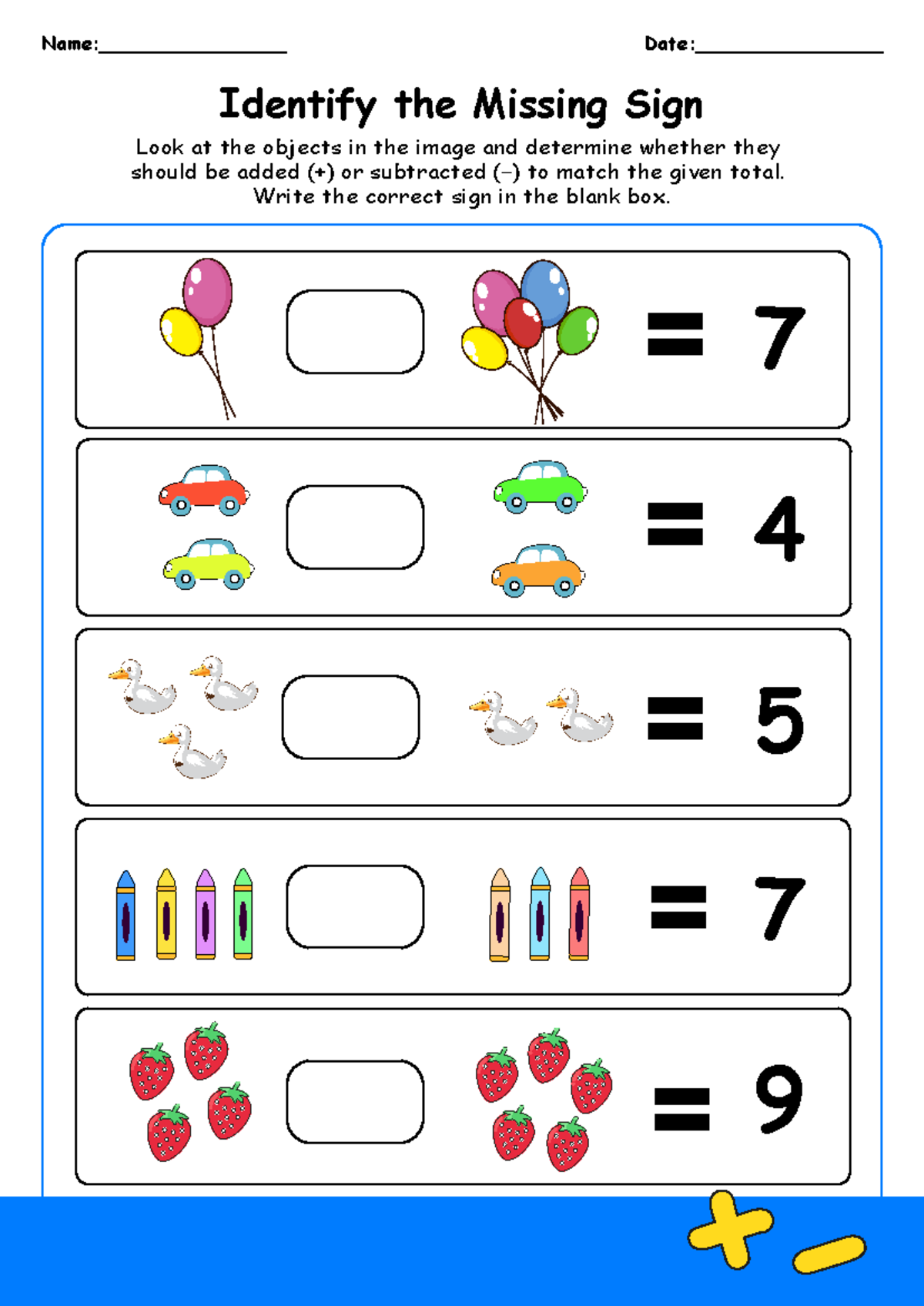 Identify the Missing Sign - Kindergarten Worksheet - Look at the ...