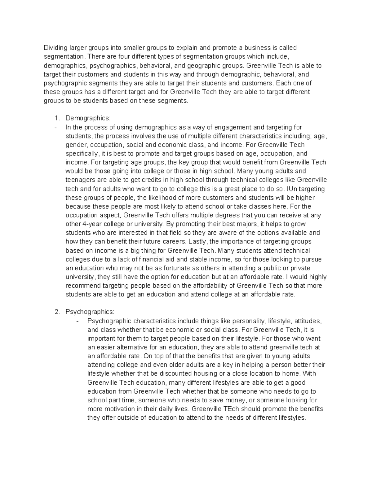 STP Assignment 5: Targeting Segmentation Strategies at Greenville Tech ...