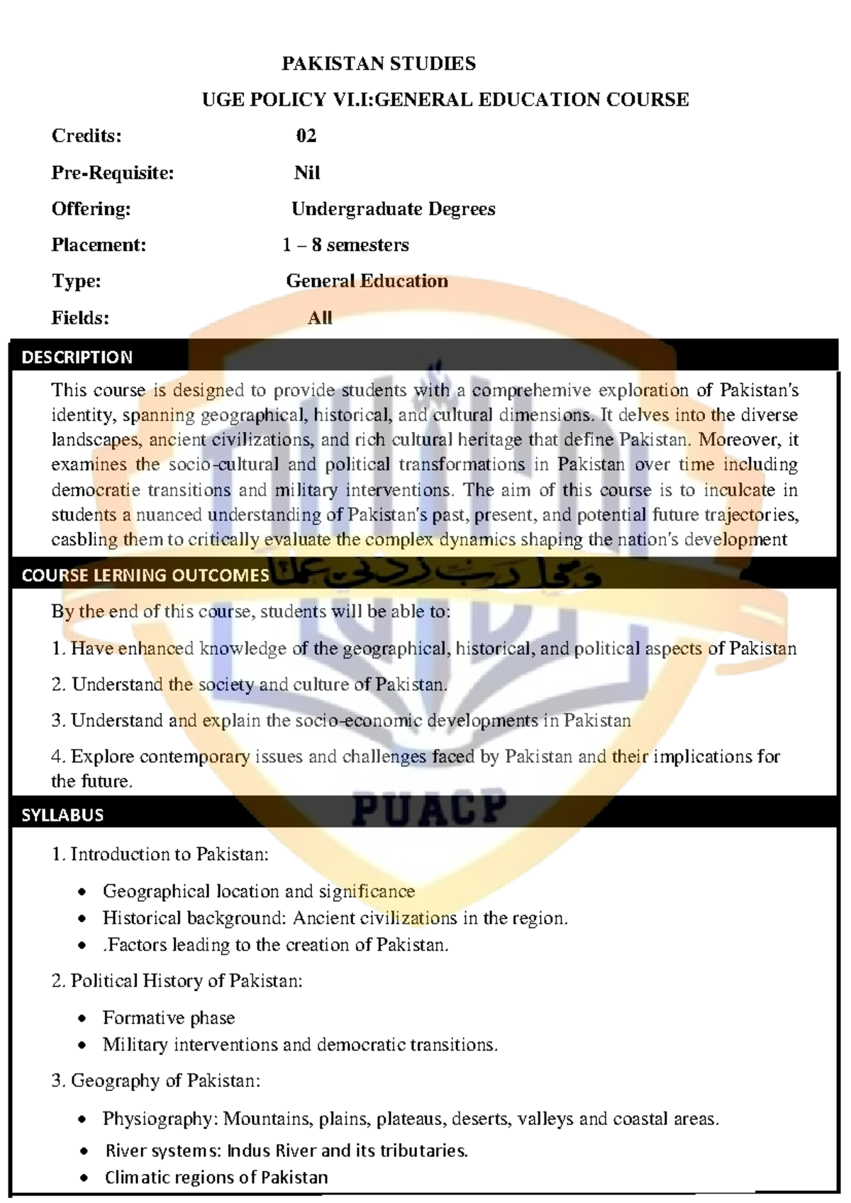 Pakistan Studies UGE Policy VI.I: Comprehensive Course Outline for 2025 ...