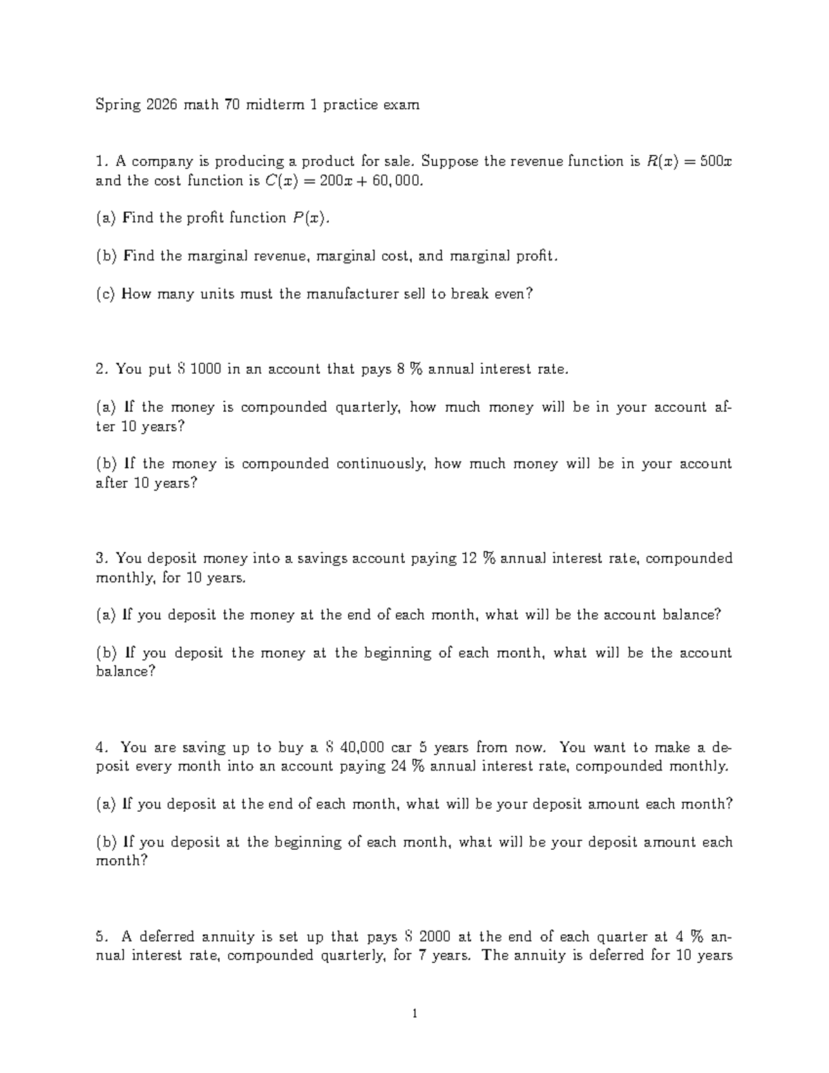 Spring 2026 MATH 70 Midterm 1 Practice Exam Questions - Studocu