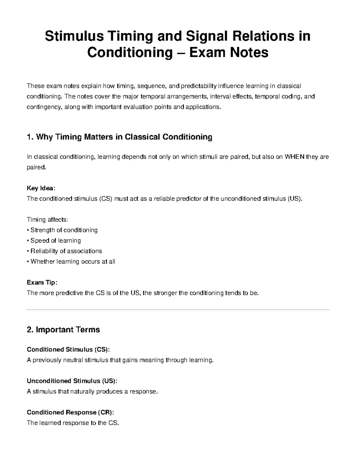 Stimulus Timing & Signal Relations in Conditioning Exam Notes - Studocu