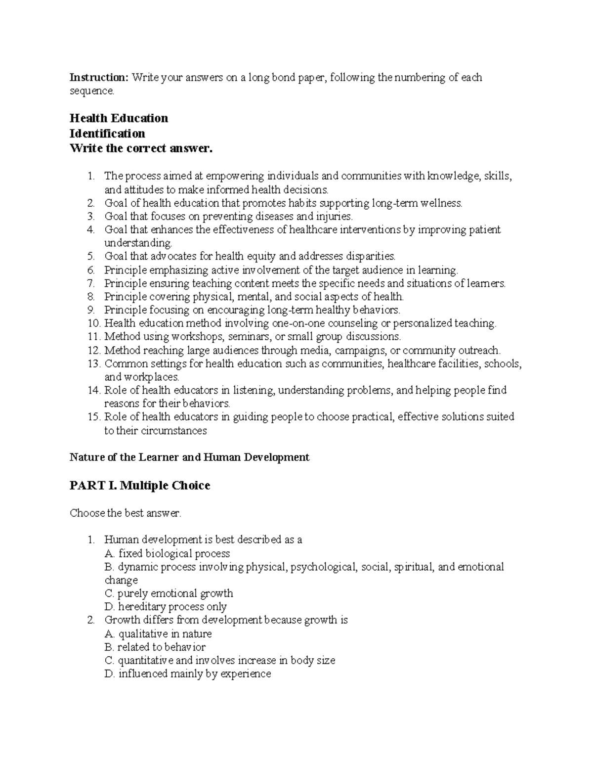 NCM 102 Health Education & Human Development Study Guide - Studocu