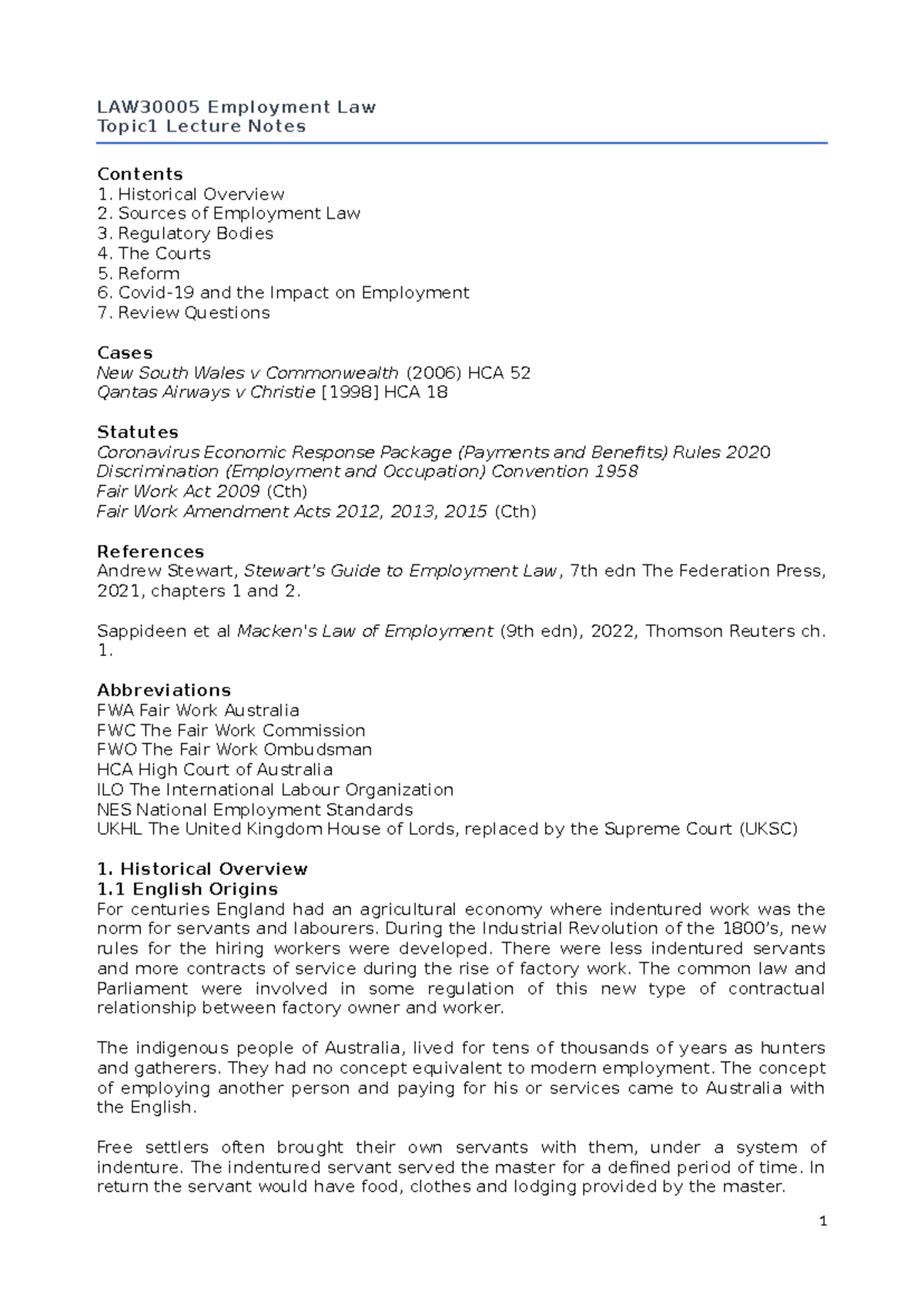 LAW30005 Employment Law Topic 1 Lecture Notes - Sem 1, 2026 - Studocu