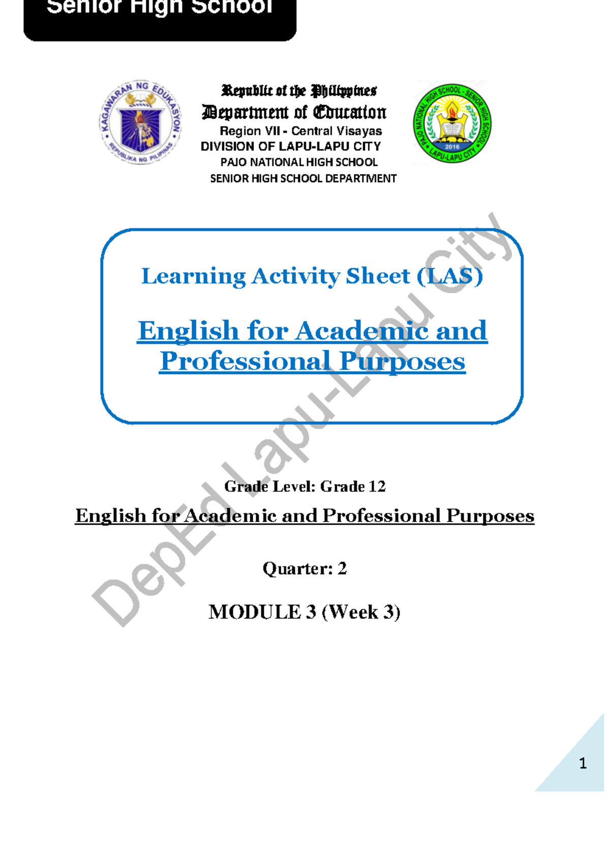 Q2 LAS 3, EAPP - English for Academic and Professional Purposes ...