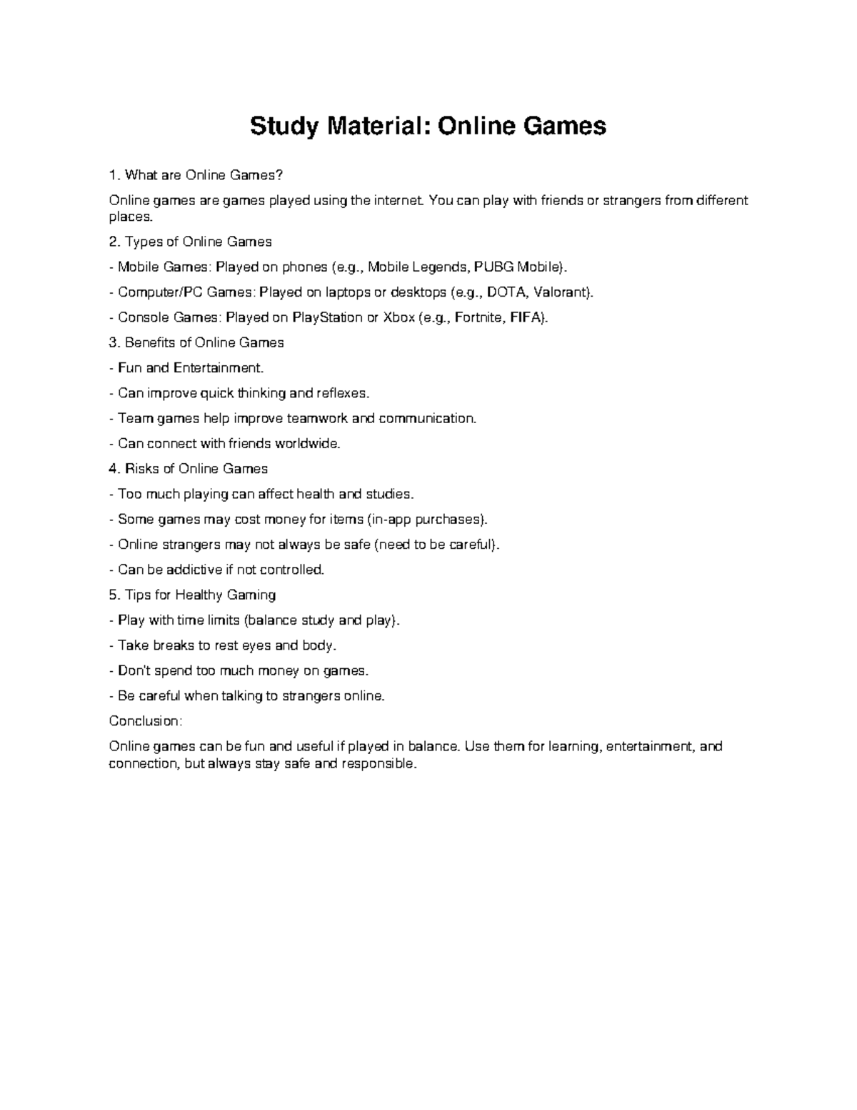 Study Material: Online Games Overview and Guidelines - Studocu