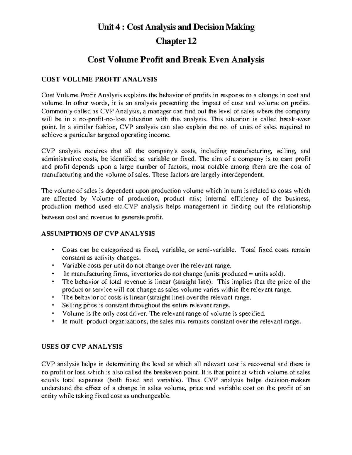 Lesson 12: Cost Volume Profit & Break Even Analysis (CVP Analysis ...