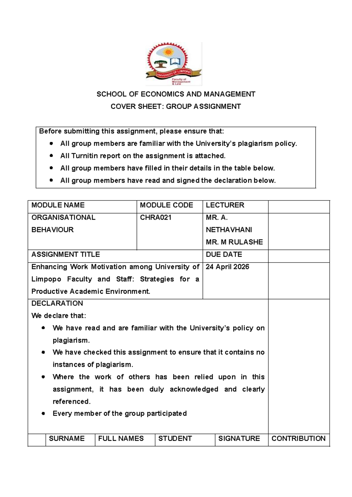 CHRA021 Group Assignment Cover Sheet: Enhancing Work Motivation - Studocu