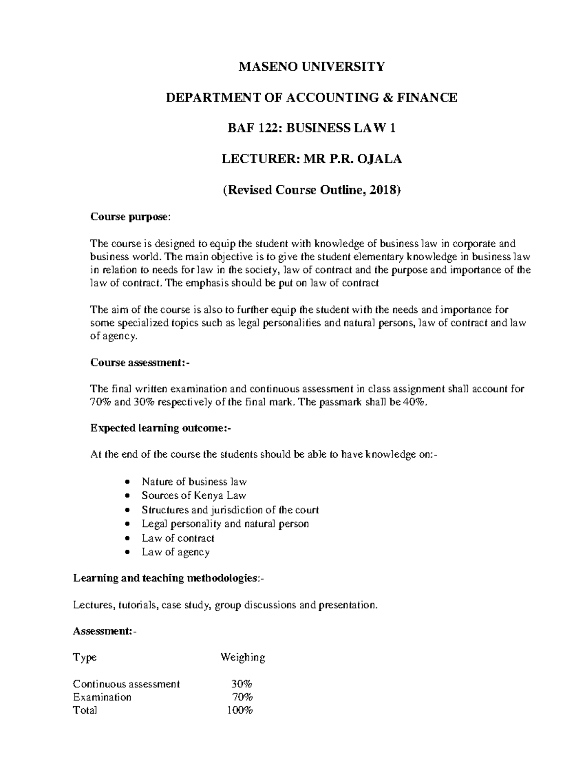 BAF 122: Business Law I - Revised Course Outline & Key Concepts - Studocu