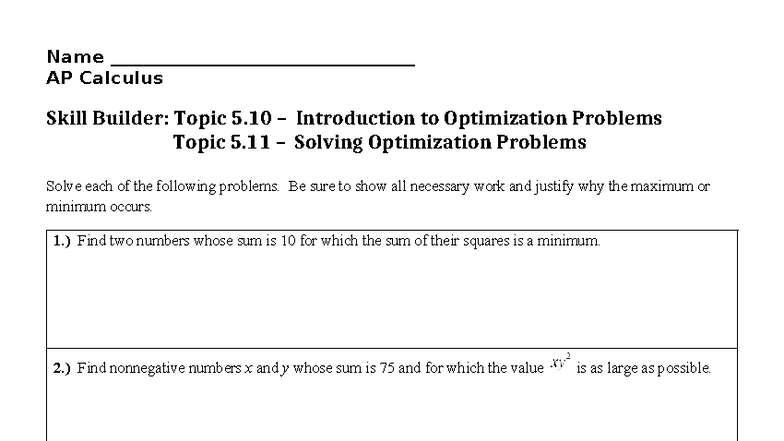 AP Calculus Skill Builder: Topics 5.10-5.11 Optimization Problems - Studocu