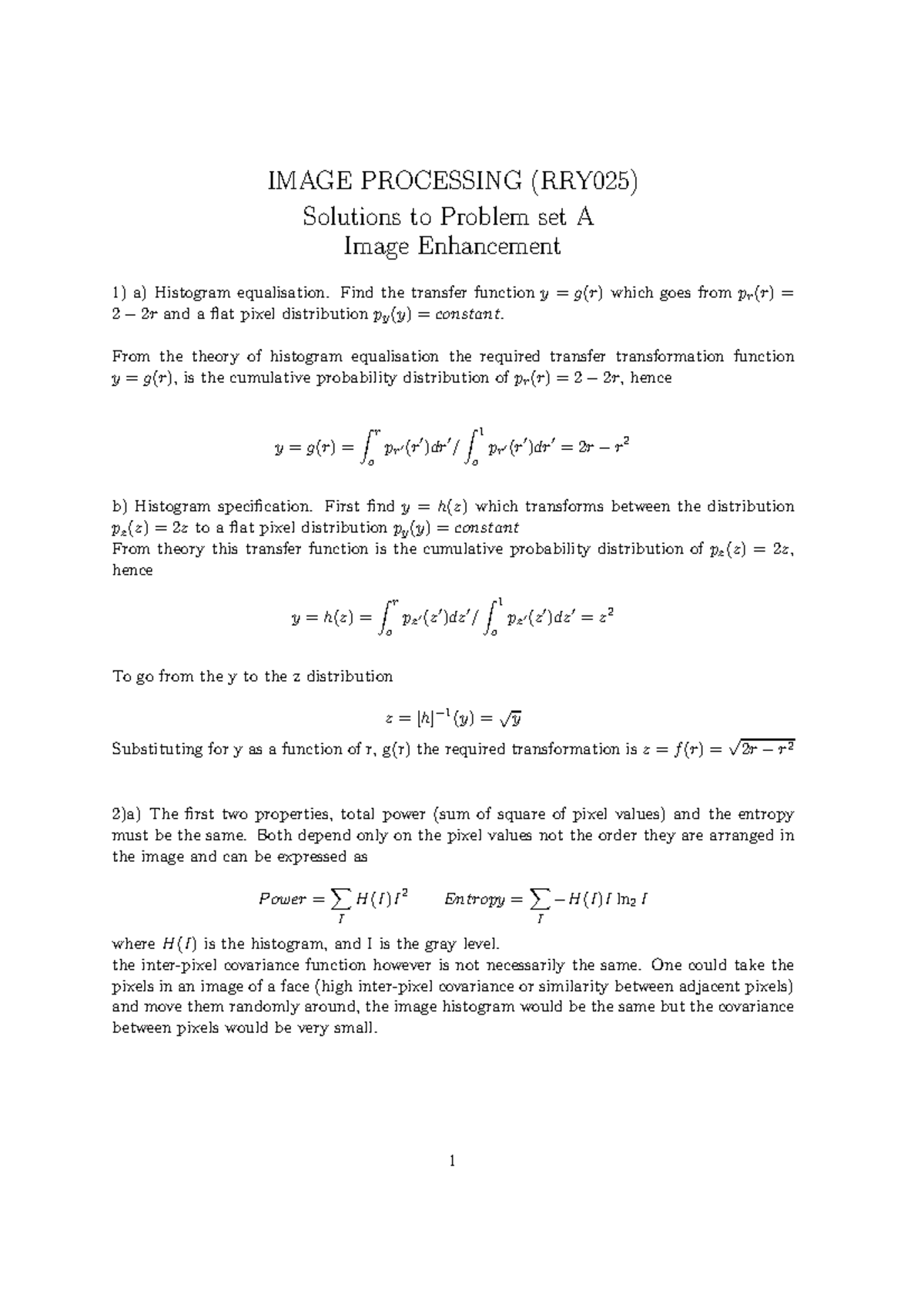 IMAGE PROCESSING (RRY025) Problem Set A Solutions on Image Enhancement ...