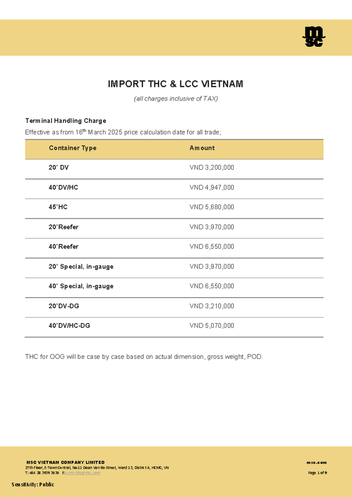 Import Local Charges Update (LCC) - MSC Vietnam (Effective 17 JUL 2025 ...