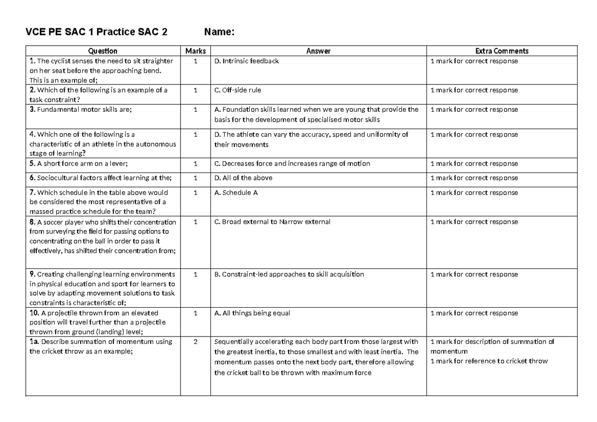 VCE PE SAC 2 Practice Answers: Motor Skills & Learning Stages - Studocu