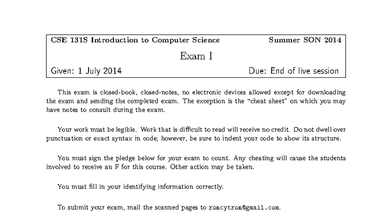 CSE 131S Summer 2014 Exam I - Introduction to Computer Science - Studocu
