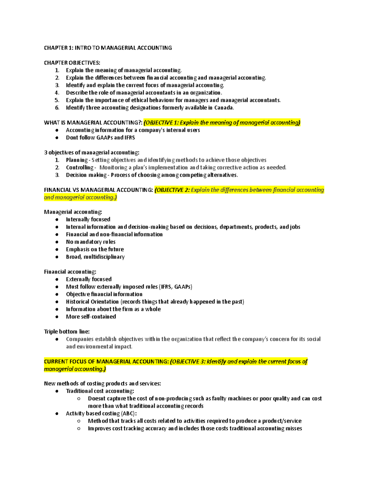 ACC 406: Managerial Accounting Overview and Key Concepts - Studocu