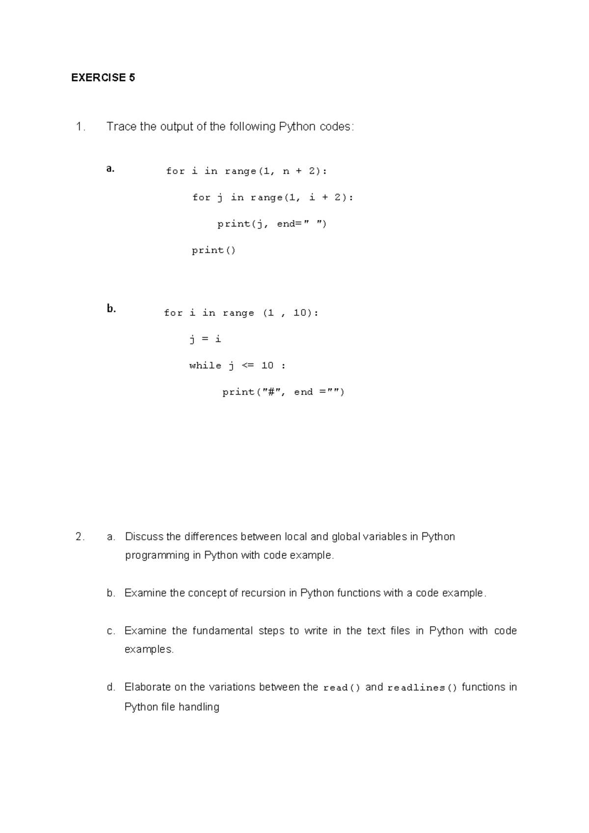 SET 5 Exercise: Python Code Output & Concepts Analysis - Studocu