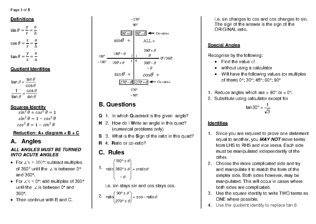 Trig Information Sheet 2023: Key Definitions & Identities - Studocu