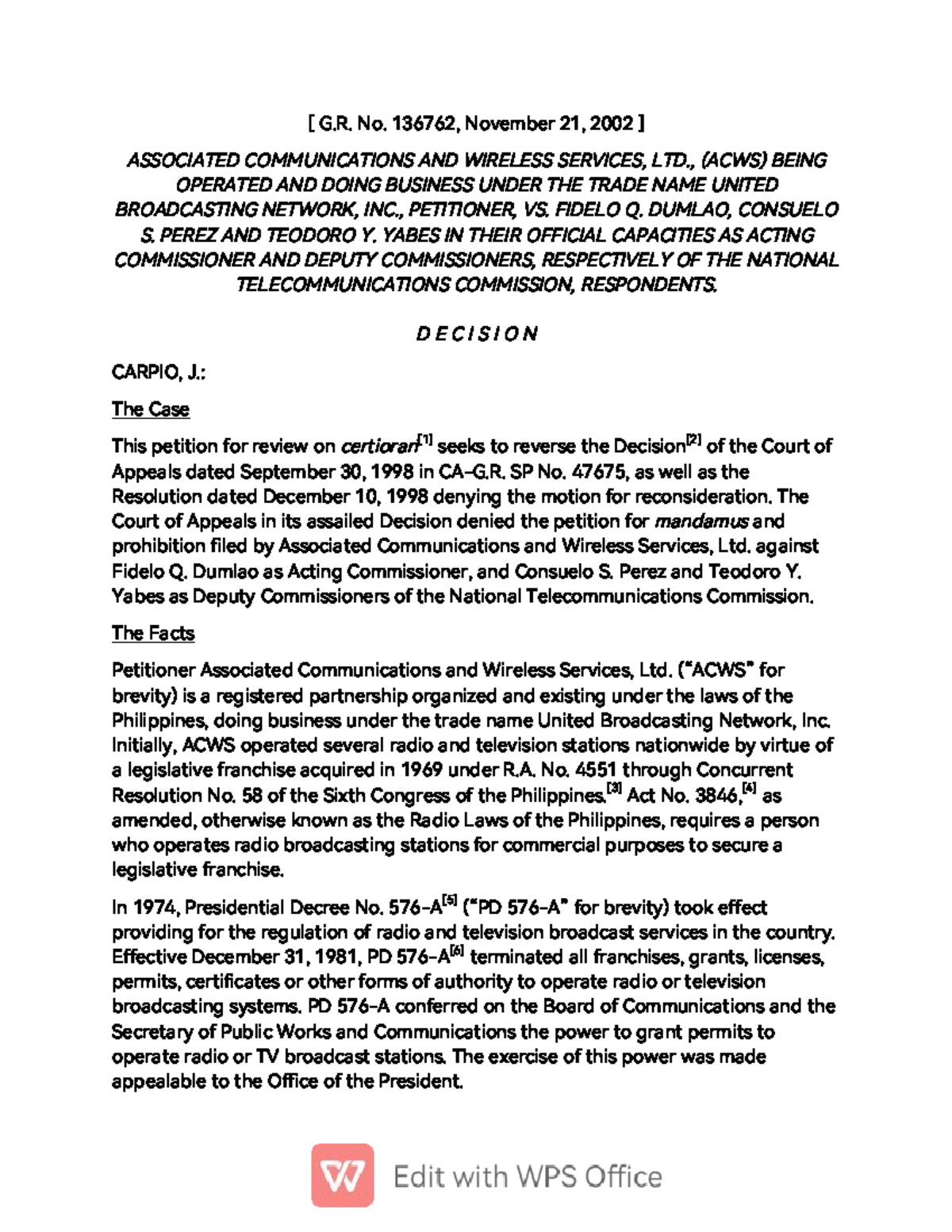G.R. No. 136762: ACWS vs. NTC - Decision on Mandamus and Prohibition ...