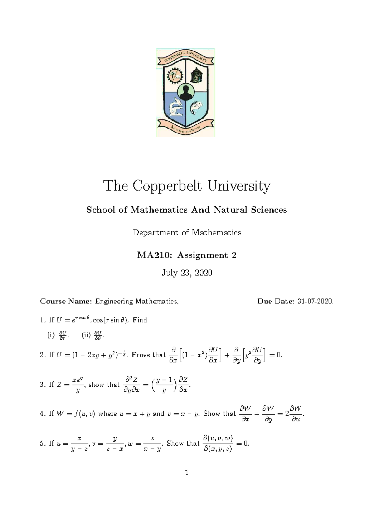 MA 210 Engineering Math - Assignment 2 Solutions & Exercises - Studocu