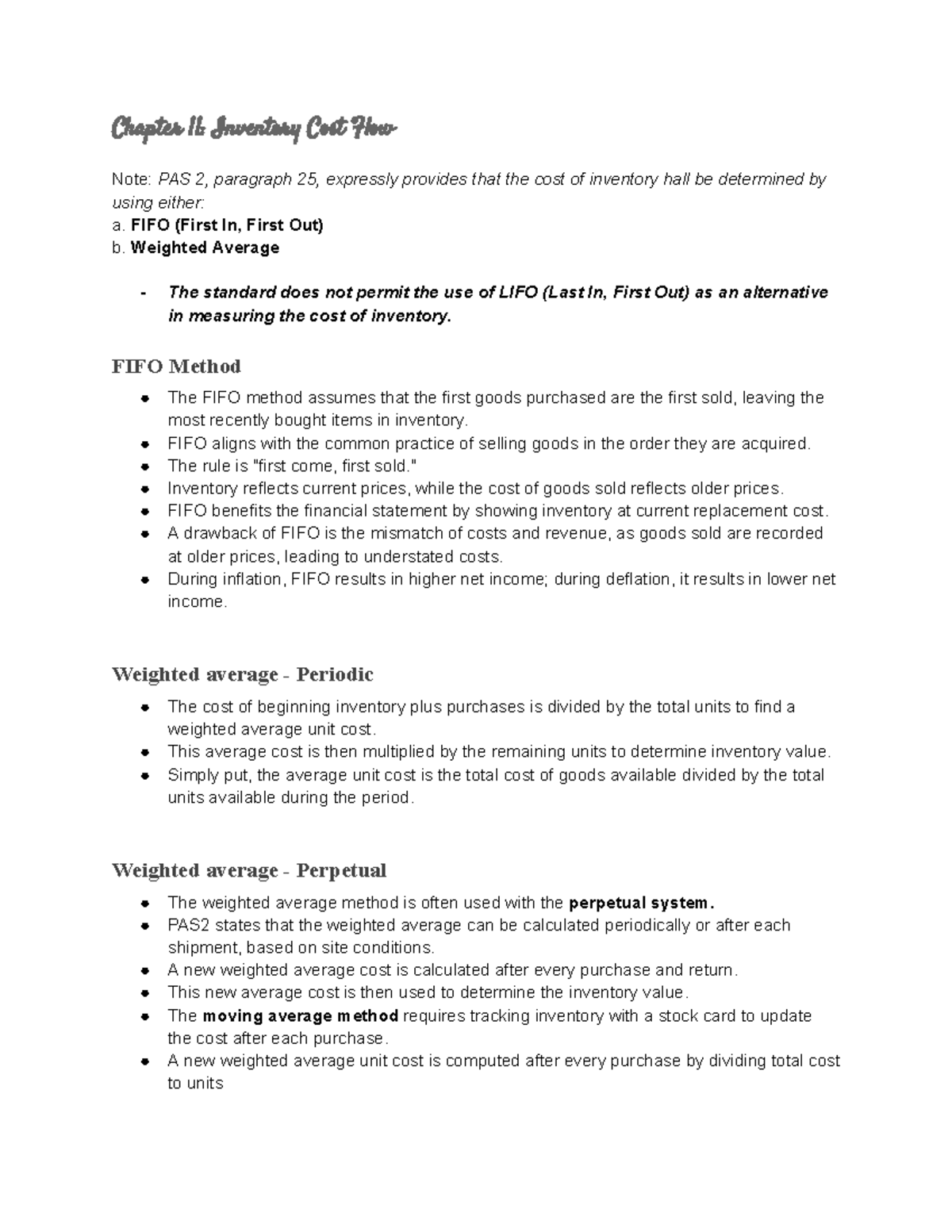 Chapter 11: Inventory Cost Flow - FIFO & Weighted Average Methods - Studocu