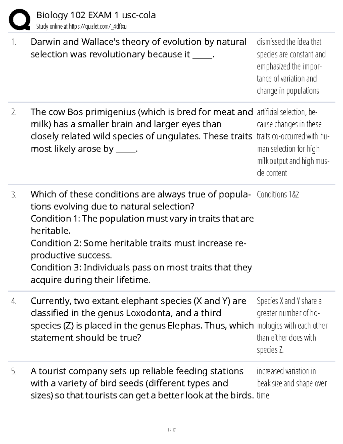 Biology 102 EXAM 1 usc-cola - Study online at quizlet/_4dftxu Darwin ...