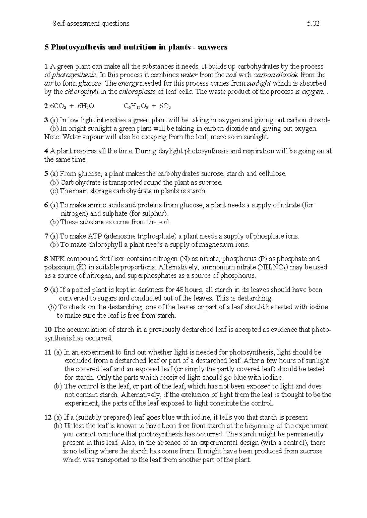 FORM-1 Photosynthesis: Key Concepts and Answers - Studocu