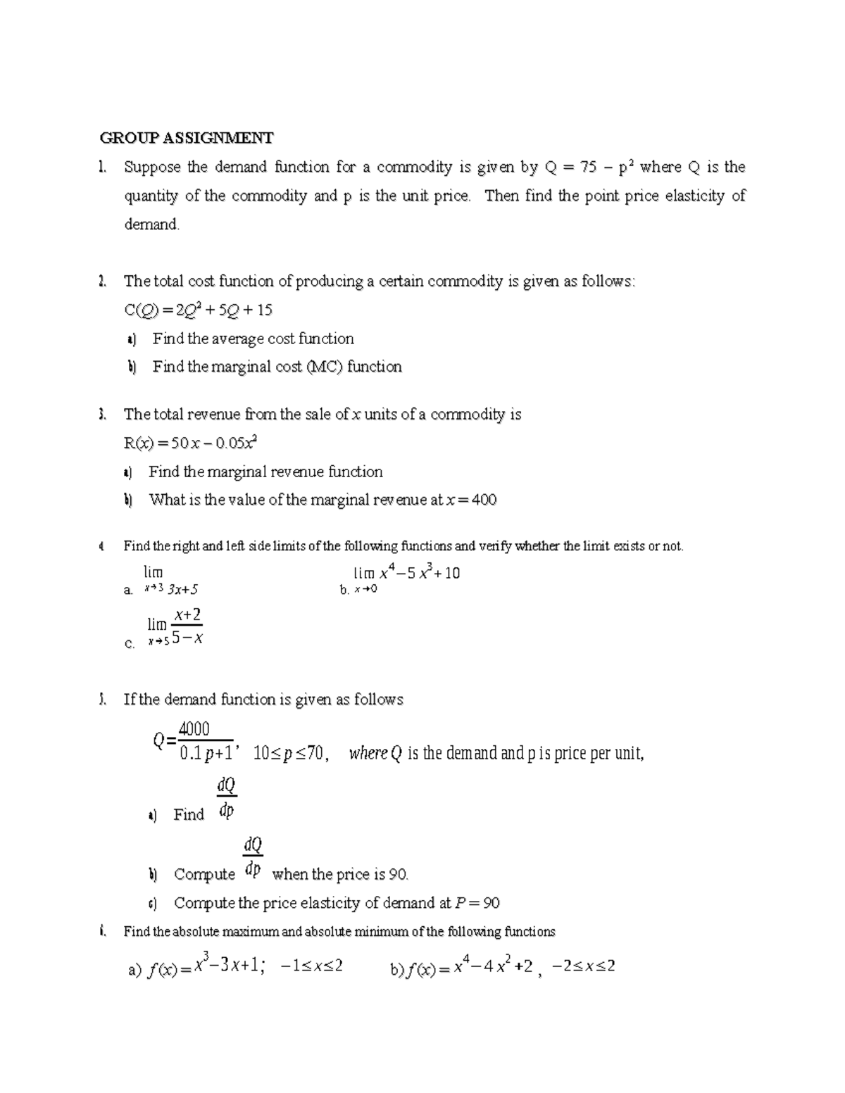 GROUP ASSIGNMENT 1: Demand & Cost Functions Analysis - Studocu