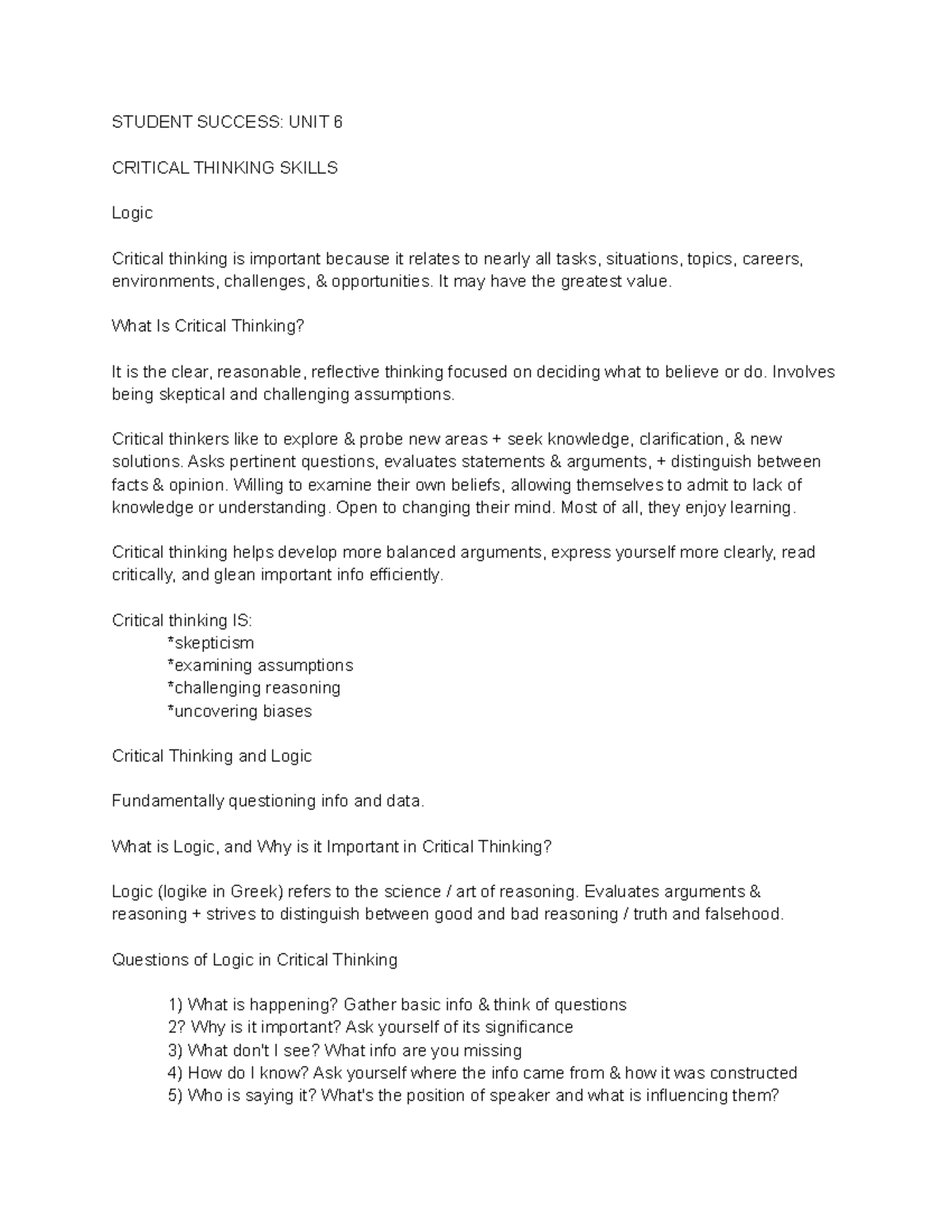 Student Success UNIT 6 - STUDENT SUCCESS: UNIT 6 CRITICAL THINKING ...