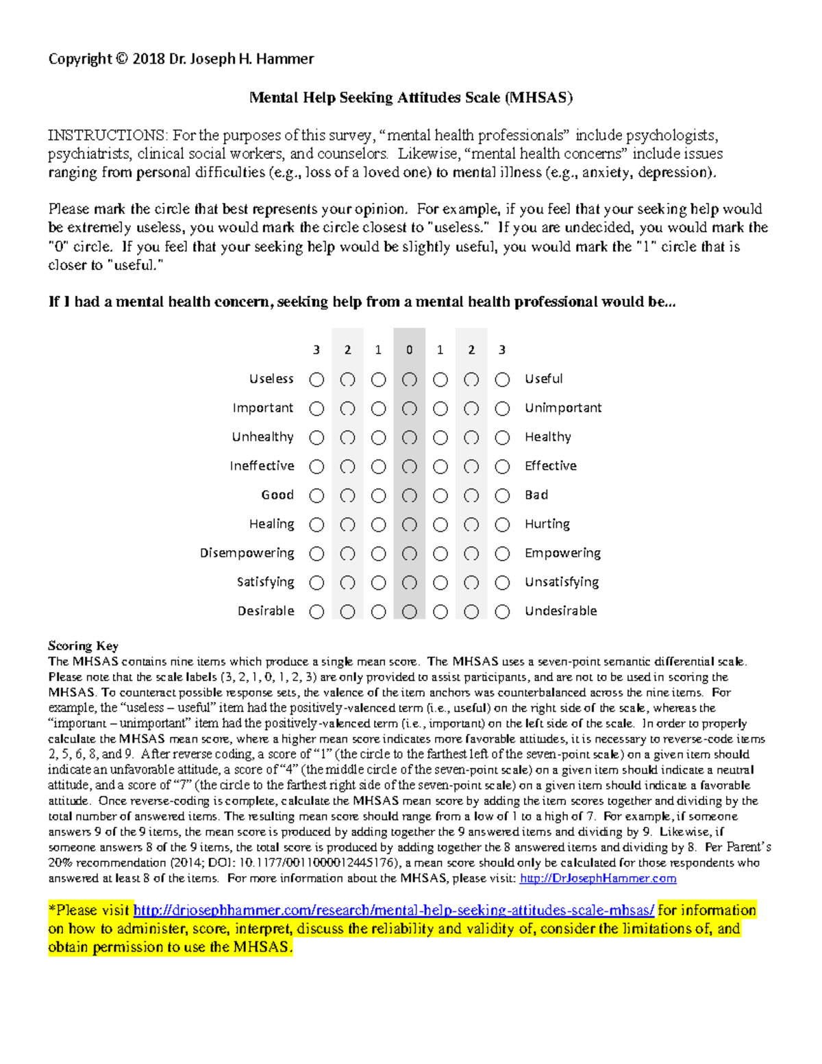 Mental Help Seeking Attitudes Scale (MHSAS) Instructions and Scoring ...