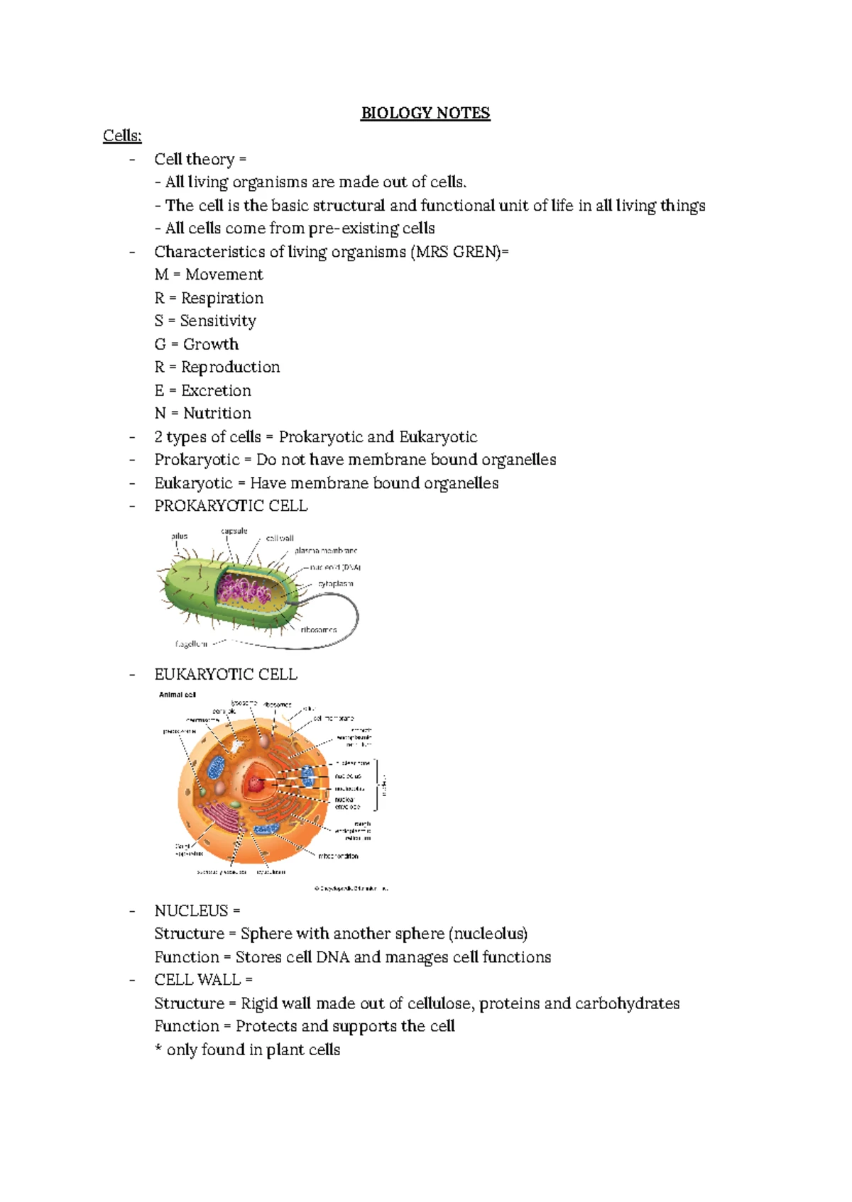 BIOLOGY NOTES: Cell Theory, Structure, and Function (BIO101) - Studocu
