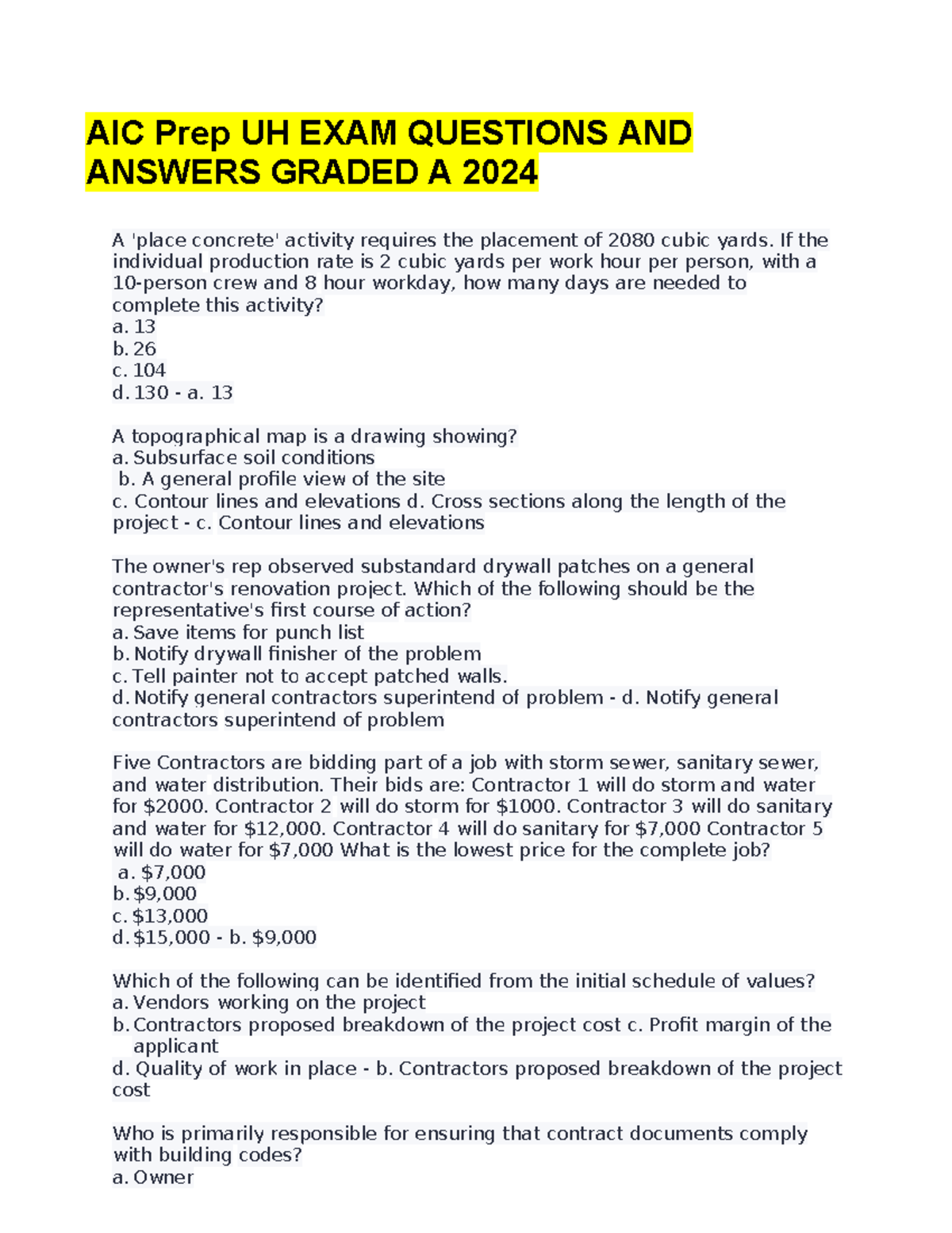 AIC Prep UH EXAM Guide Questions AND Answers Graded A 2024 - AIC Prep ...