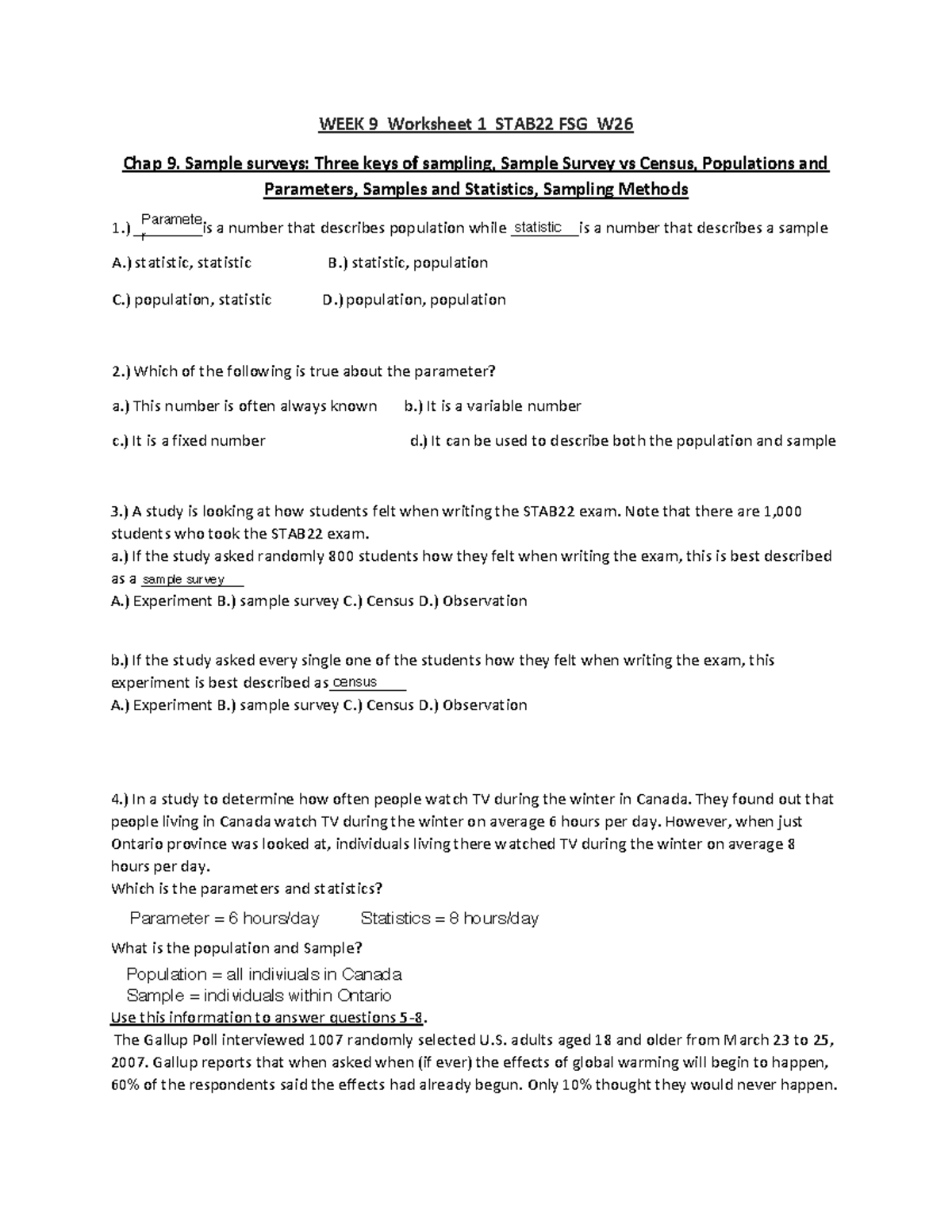 WEEK 9 Worksheet 1 STAB22 FSG W26: Understanding Sample Surveys and ...