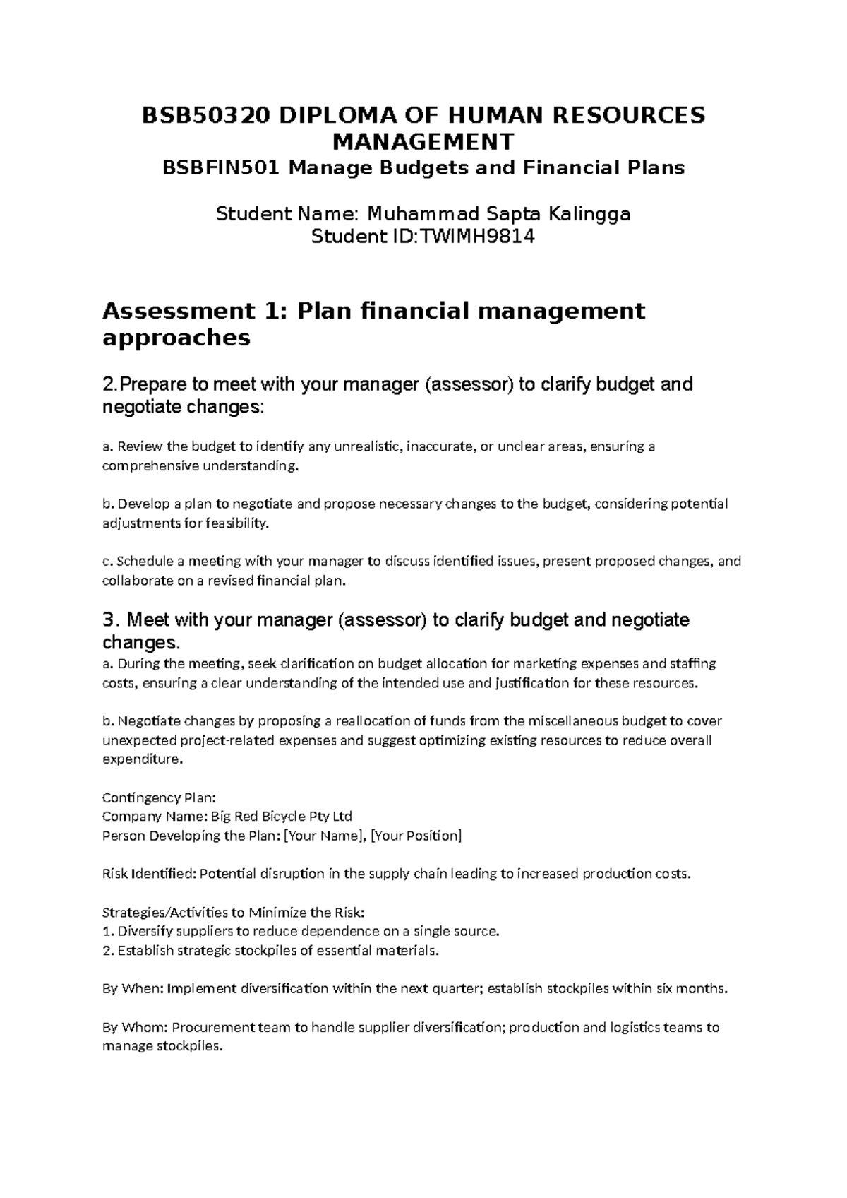 Bsbfin 501 - Financial Management Approaches & Budget Negotiation Guide ...