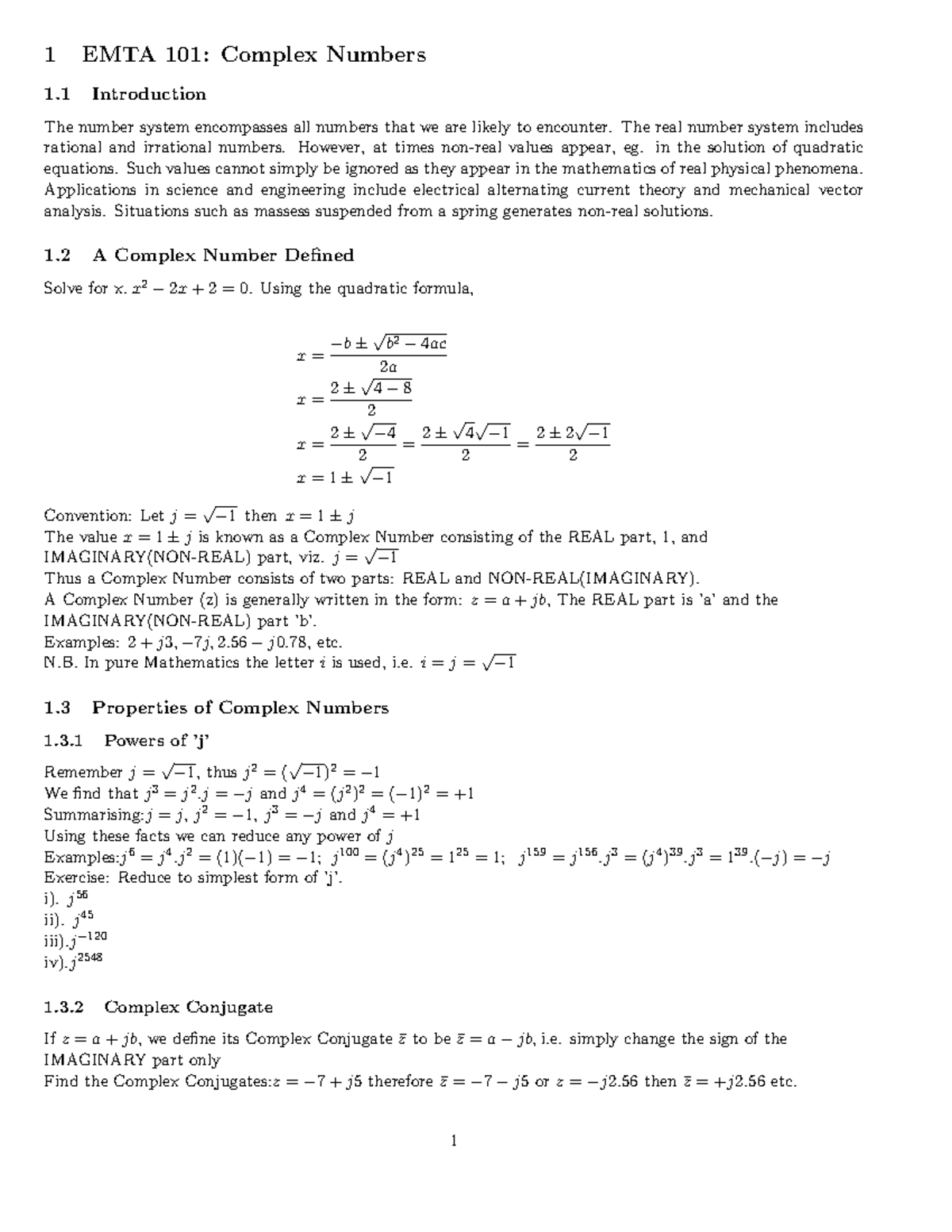EMTA 101: Complex Numbers - Introduction and Properties - Studocu
