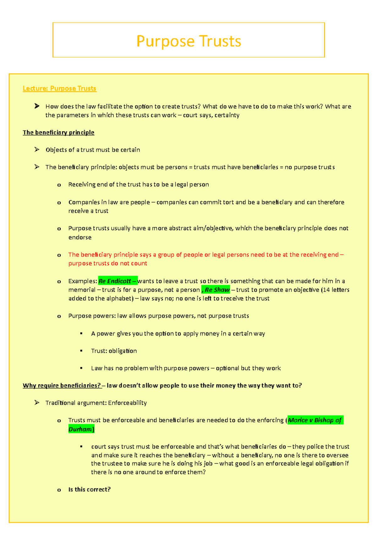 3) Purpose Trusts - notes - Purpose Trusts Lecture: Purpose Trusts How ...