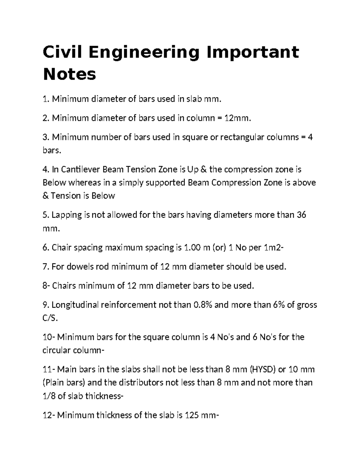 Civil Engineering Important Notes - Comprehensive Study Guide - Studocu