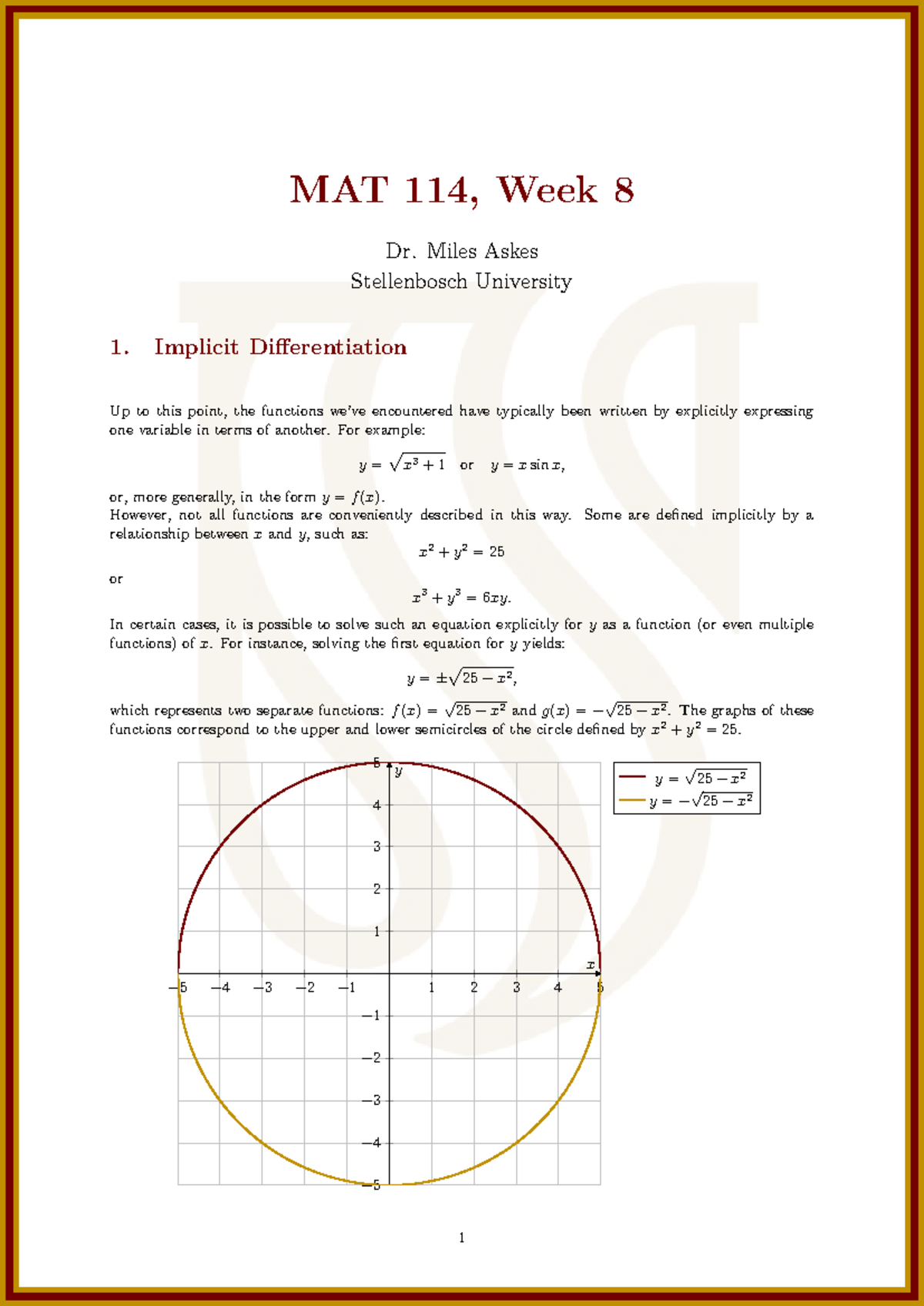 MAT 114, Week 8: Implicit Differentiation and Related Rates - Studocu
