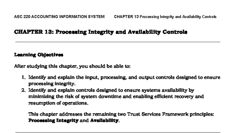 AEC 220 Accounting Information: Chapter 13 - Processing Integrity ...