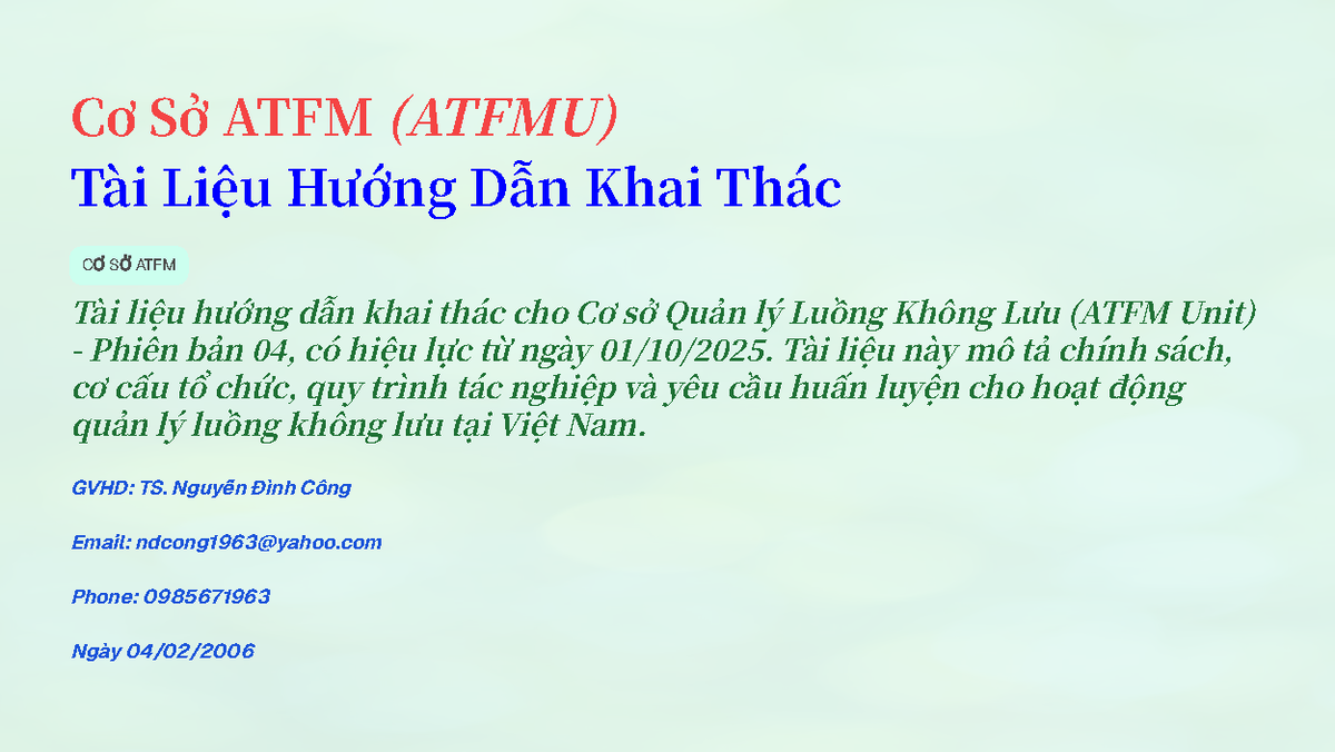 Hướng Dẫn Khai Thác Cơ Sở ATFM (ATFMU) Phiên Bản 04 - Studocu
