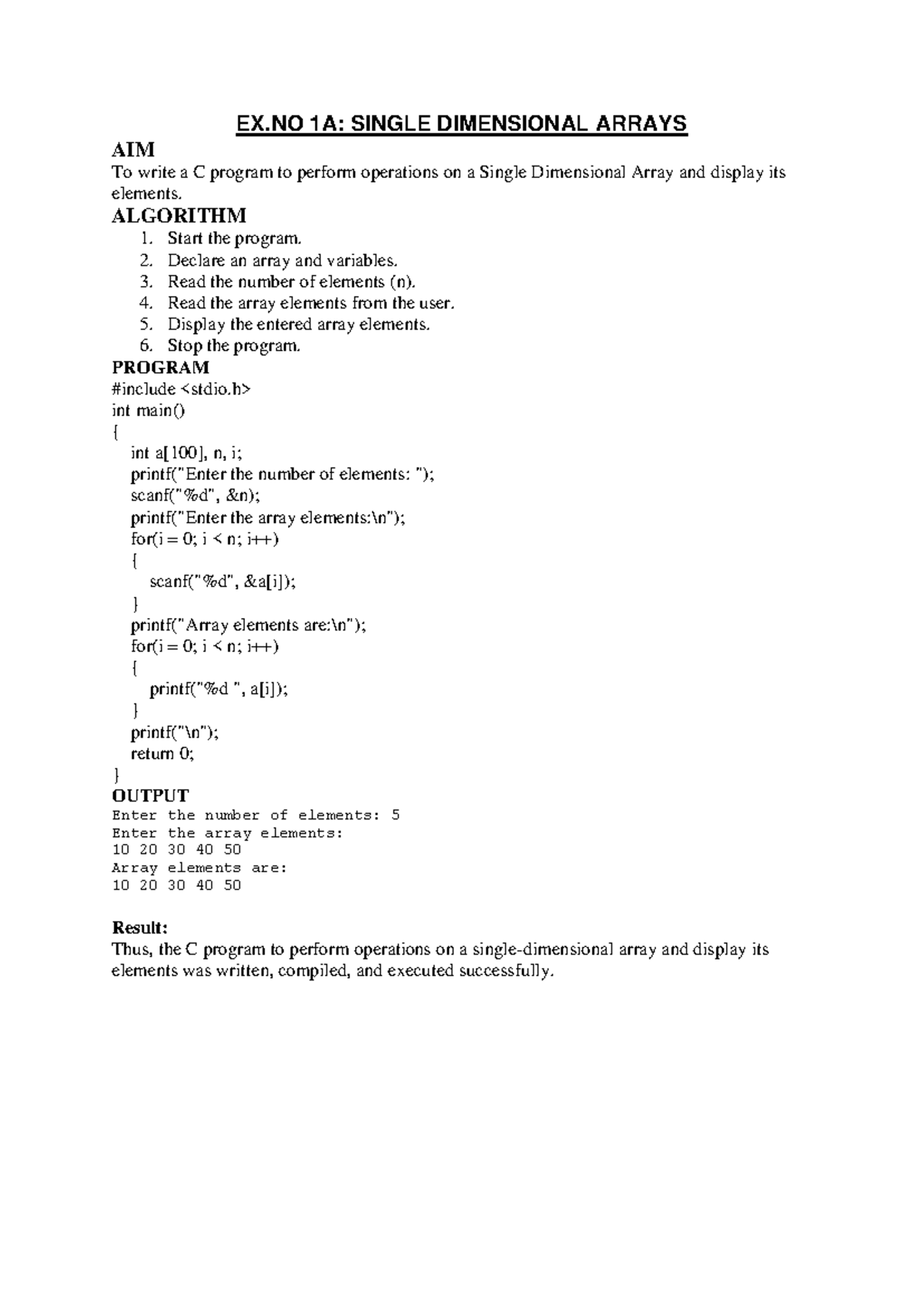 DS LAB EX NO 1: Single & Multi Dimensional Arrays - Studocu