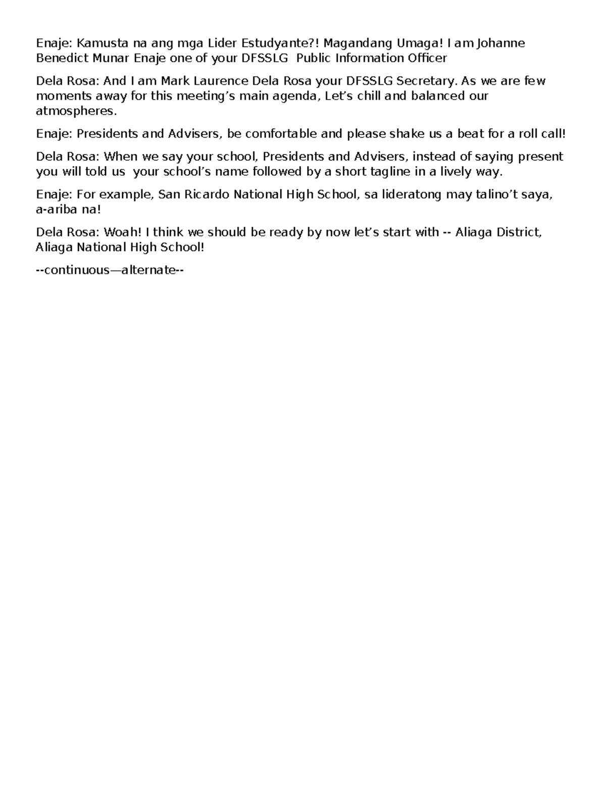 Roll Call Script - Draft 6 for DFSSLG Meeting - Studocu