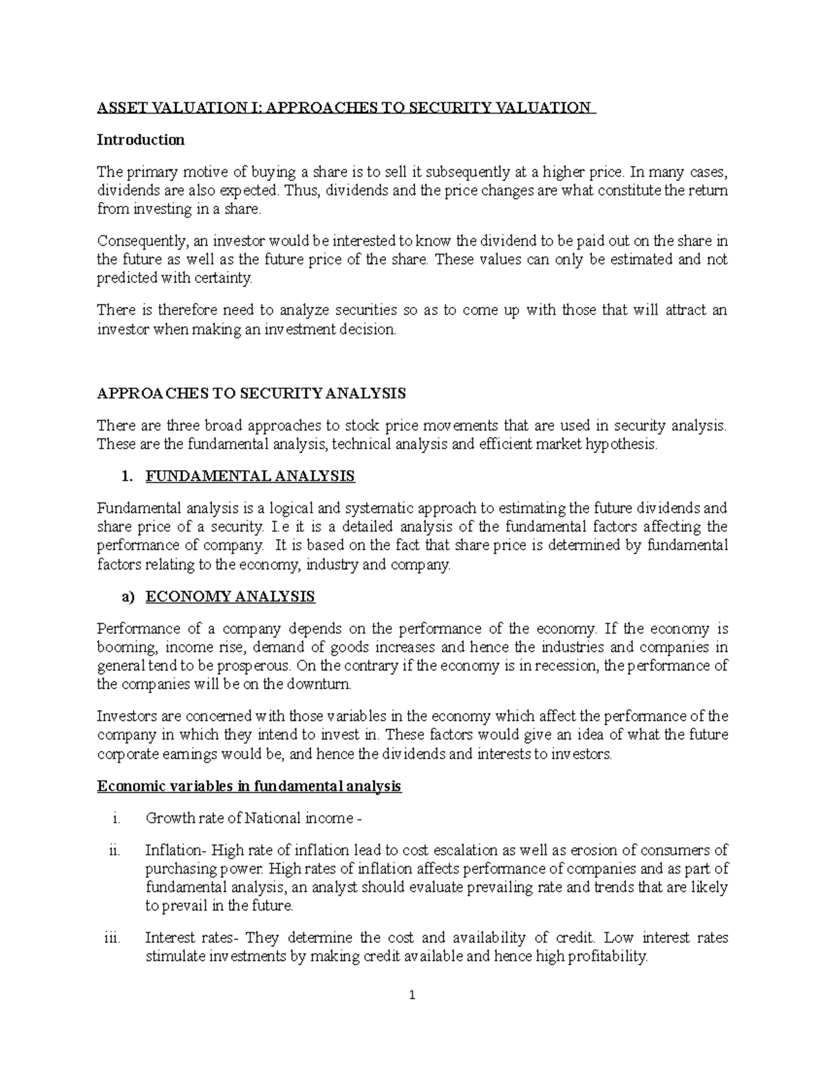 Topic 2 ASSET VALUATION I: Analysis Approaches and Key Concepts - Studocu